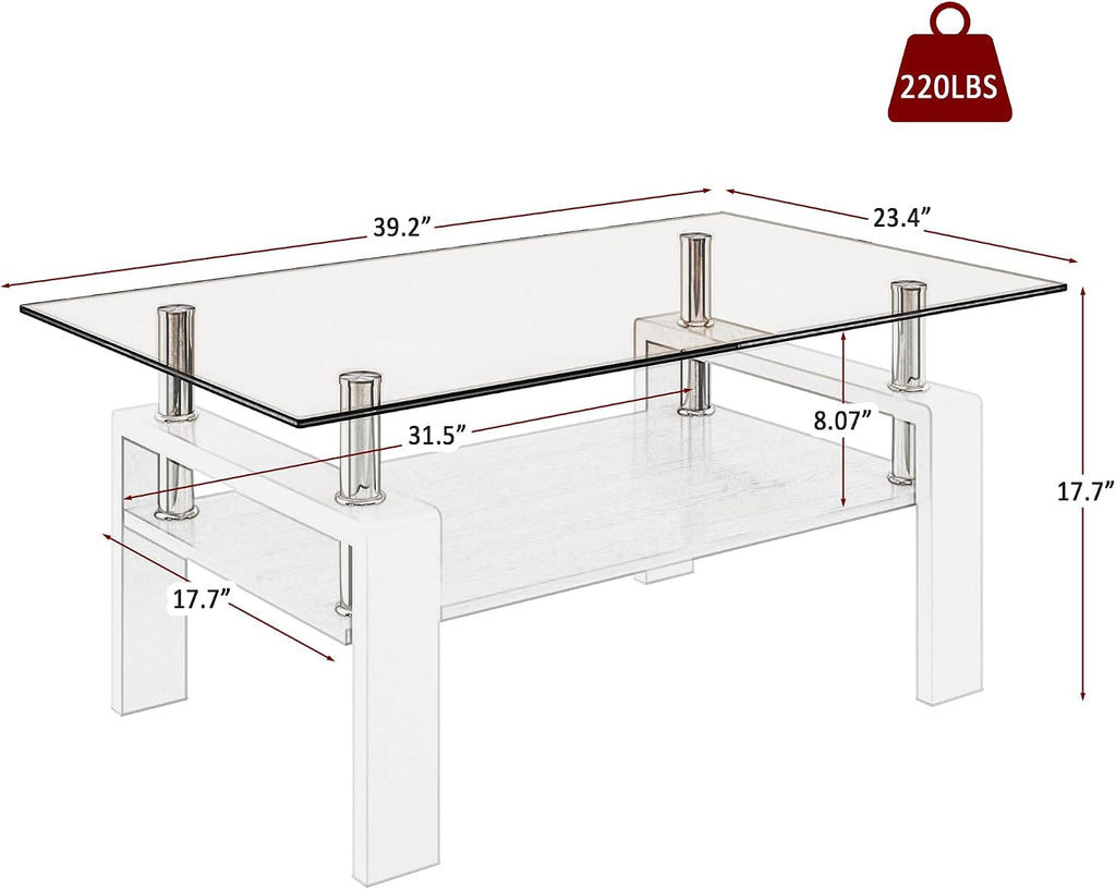 Glass Coffee Table Rectangle Living Room Center Table, with Brown Tempered Glass Tabletop and White MDF Layer,for Living Room and Office, Brown Glass+White
