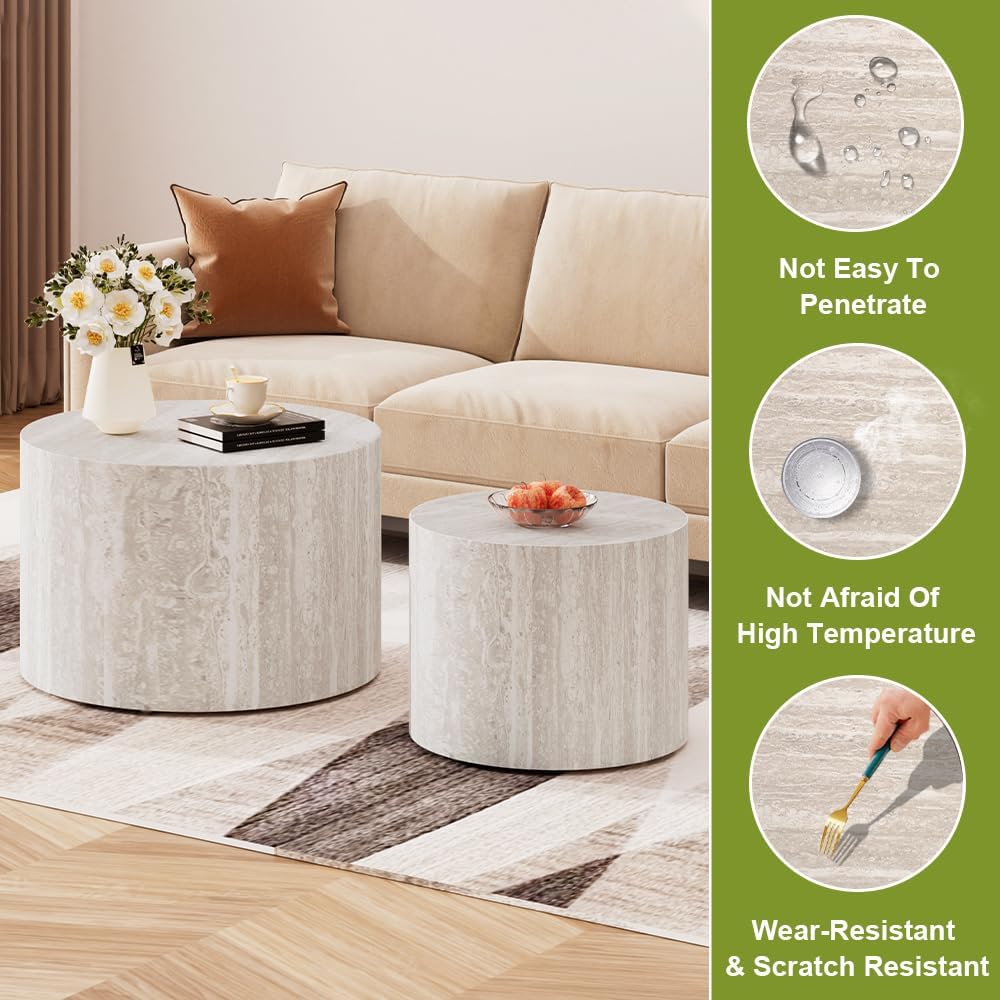 Round Nesting Coffee Tables Modern Travertine Coffee Table Small Round Coffee Tables Circular Side Table Accent End Table Nested Coffee Table Set for Living Room (Travertine B)