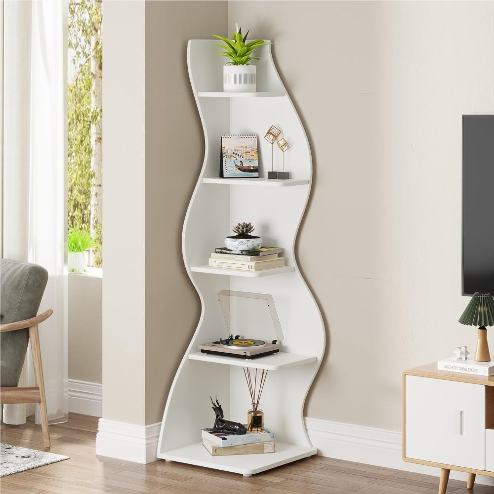 Vertical Bookshelf Tower, Narrow Corner Bookcase, Space-Saving Storage Shelf, Indoor Display Cabinet, Spine Bookshelf, Floor-Standing Corner Shelf for Bedroom(White)
