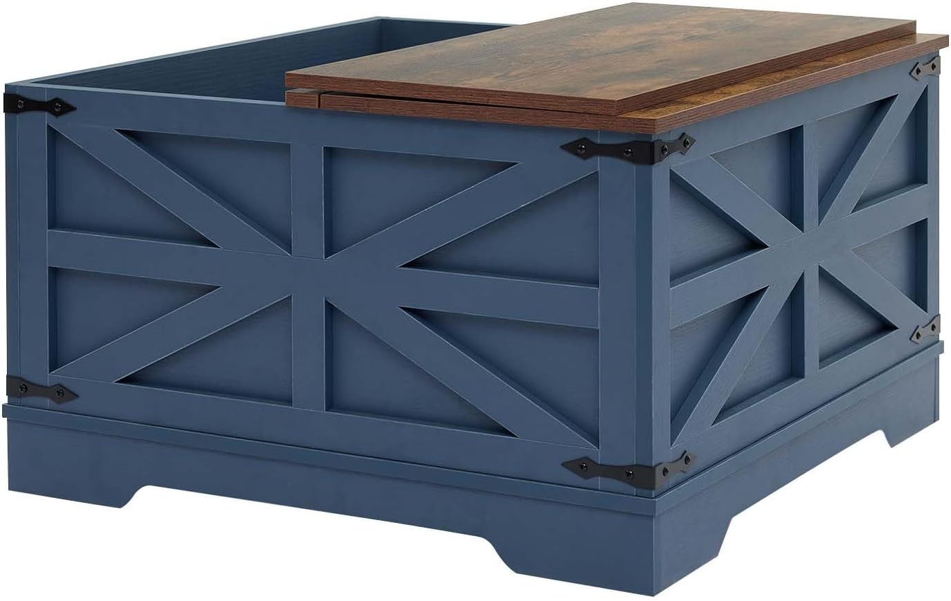 Blue Coffee Table with Storage, Cocktail Table with Hinged Lift Top, Farmhouse Square Wood Center Table with Large Hidden Storage Compartment for Living Room, Square Coffee Table, Metal Edges Decor