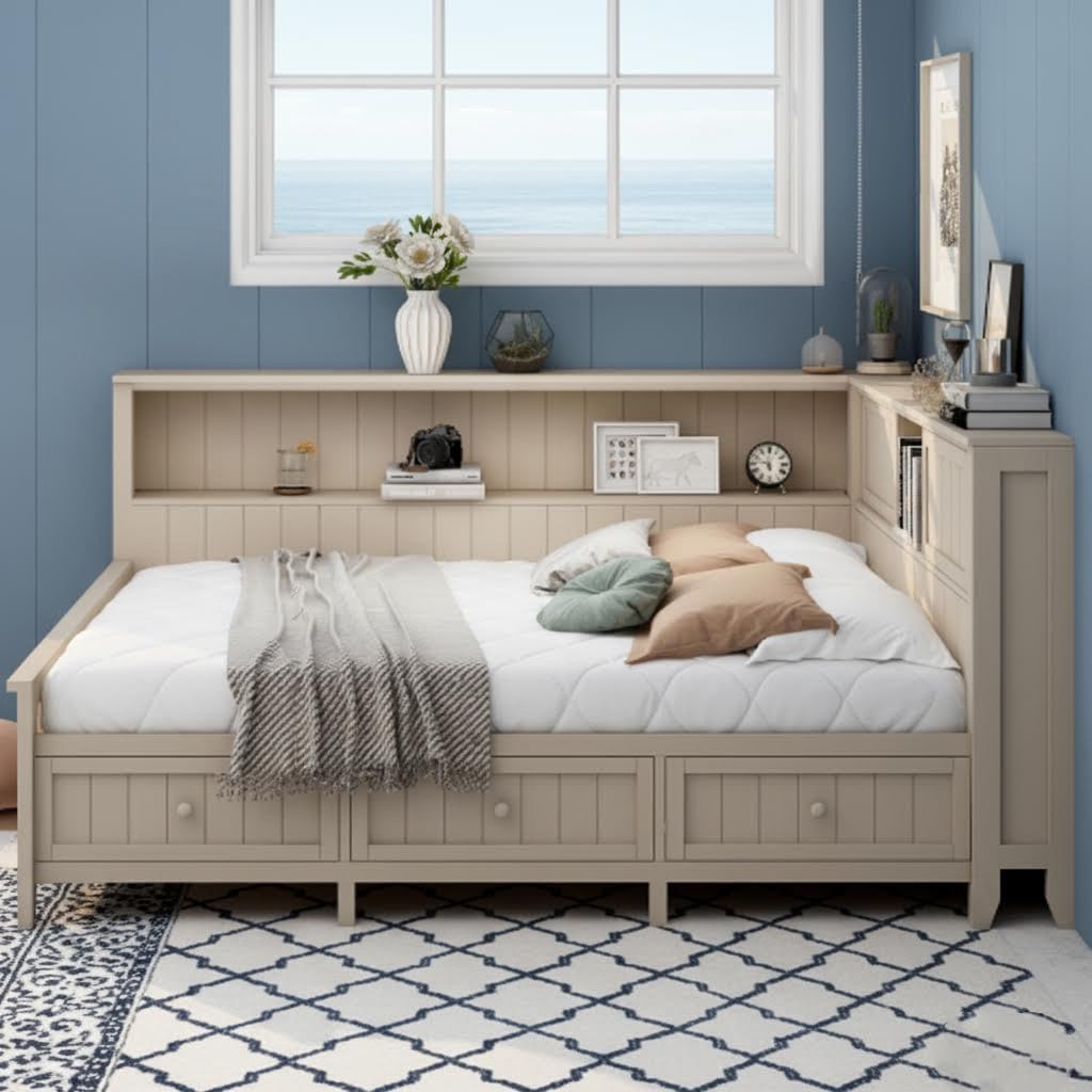 RuiSiSi Twin Daybed with Storage Drawers, Wood Twin Size Corner Bed Frame with Storage Shelves and Headboard, White Milk