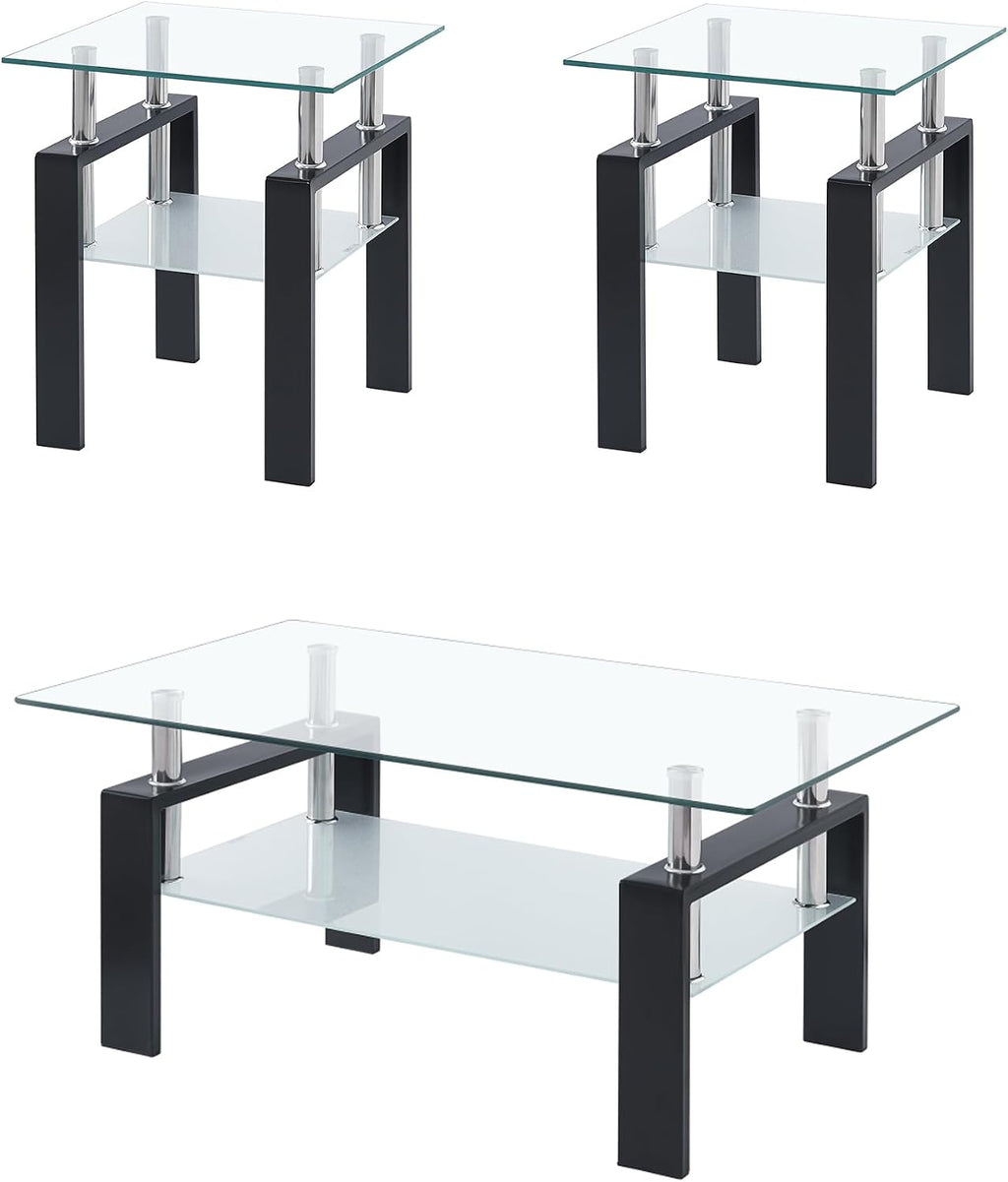 Glass Coffee Table Set of 3, Modern Clear Coffee and End Tables Set with Black Metal Legs, Small Waterfall Glass Coffee Table Set for Living Room, 3 PCS