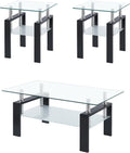 Glass Coffee Table Set of 3, Modern Clear Coffee and End Tables Set with Black Metal Legs, Small Waterfall Glass Coffee Table Set for Living Room, 3 PCS