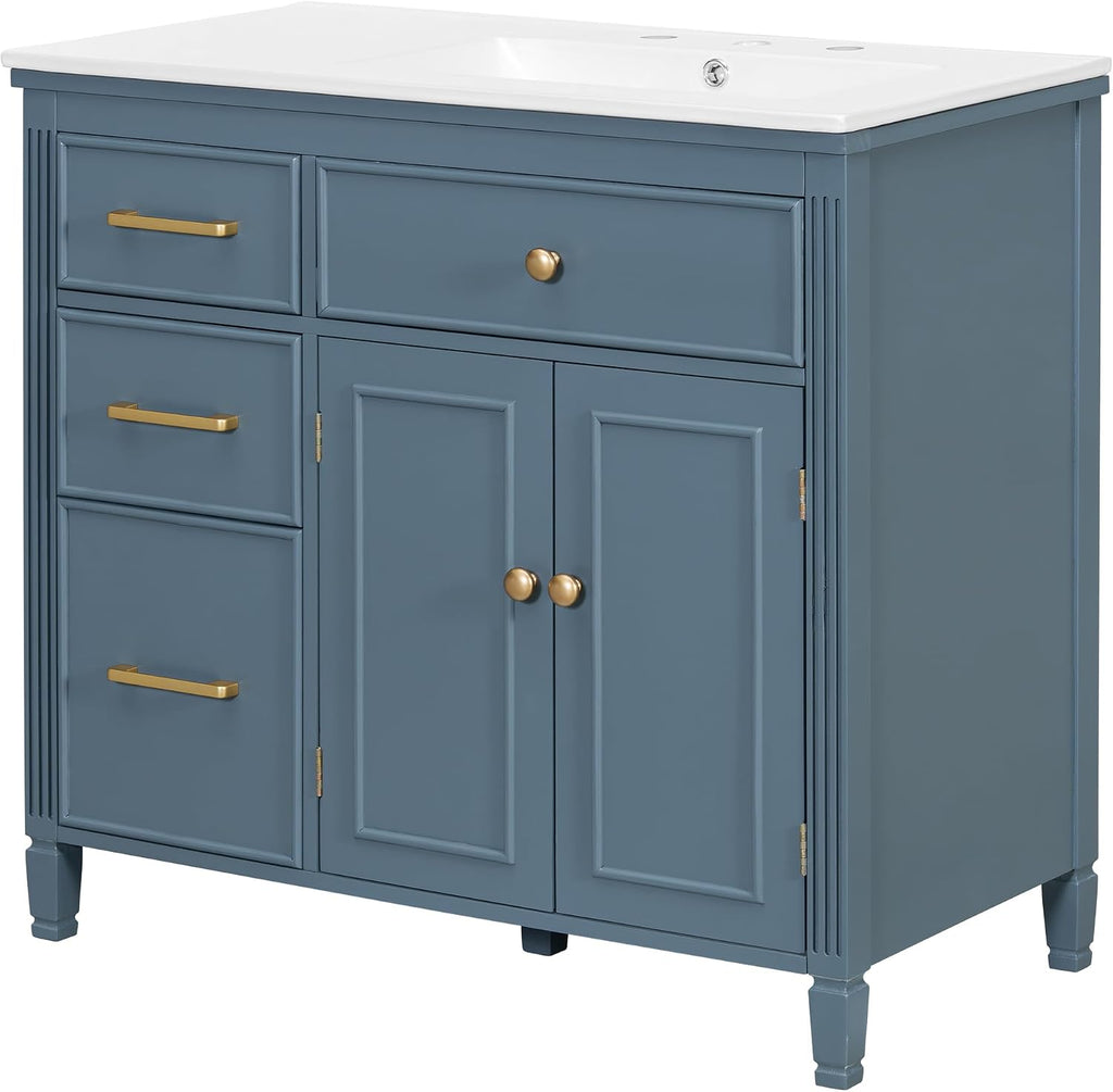 36' Bathroom Vanity with Ceramic Sink Set Combo, Tip-Out Drawer, Storage Cabinet Organizer with 2 Doors and Adjustable Shelf, Gray Blue