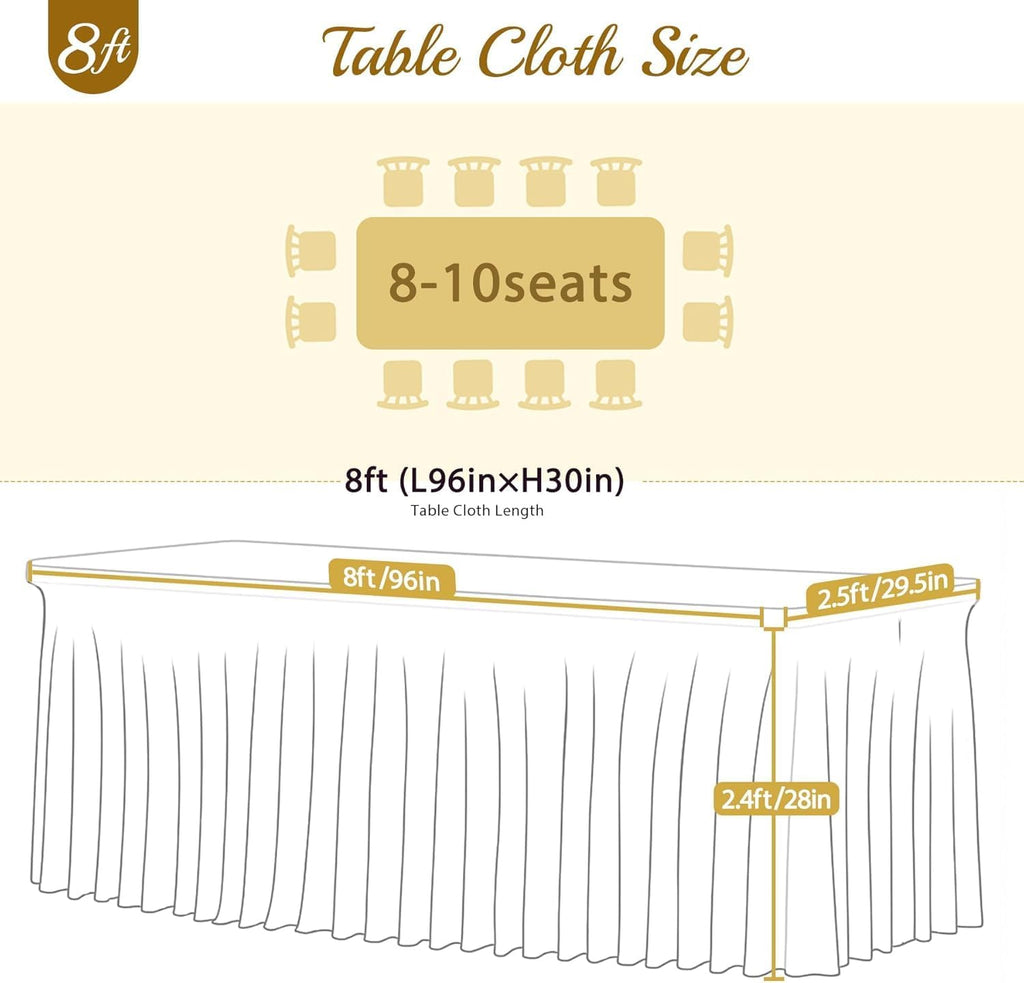Besutolife 6 Pack White Spandex Tablecloth for 8ft Rectangle Tables Fitted Table Cloth Stretch Table Covers Skirt 8ft Rectangular Tablecloths for Banquet Parties Wedding Decorations