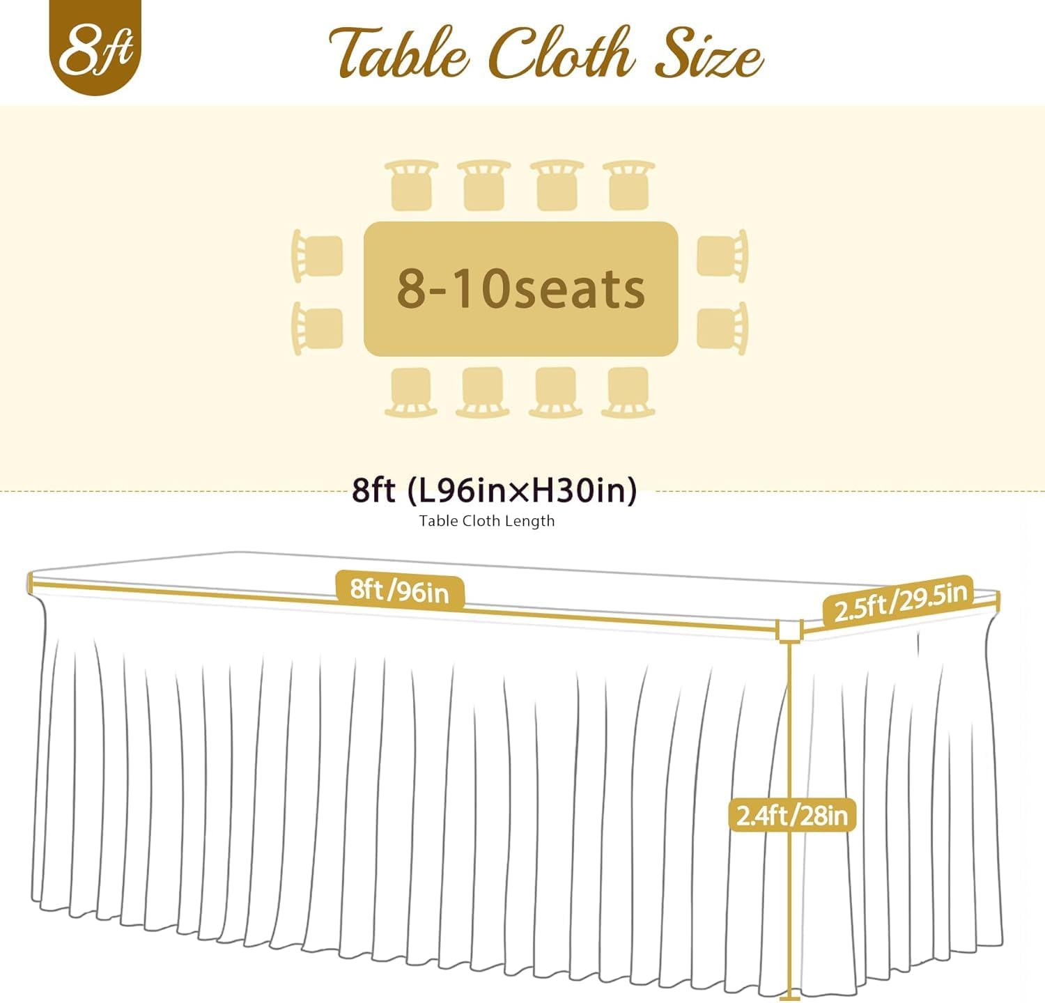 Besutolife 6 Pack White Spandex Tablecloth for 8ft Rectangle Tables Fitted Table Cloth Stretch Table Covers Skirt 8ft Rectangular Tablecloths for Banquet Parties Wedding Decorations