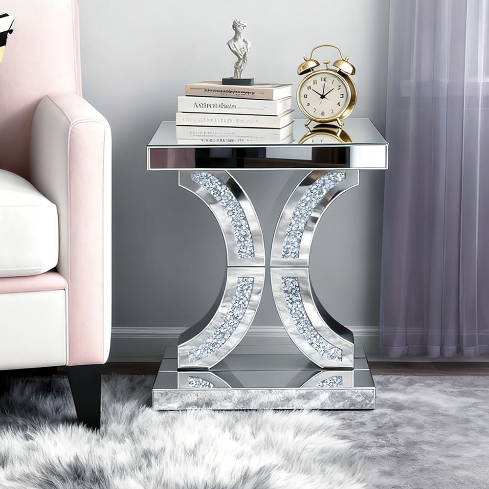 Crushed Diamond C-Shaped Mirrored End Table, Silver Side Accent Table, Small Mirrored Coffee Table for Living Room, Bedroom, 16'x12'x23'