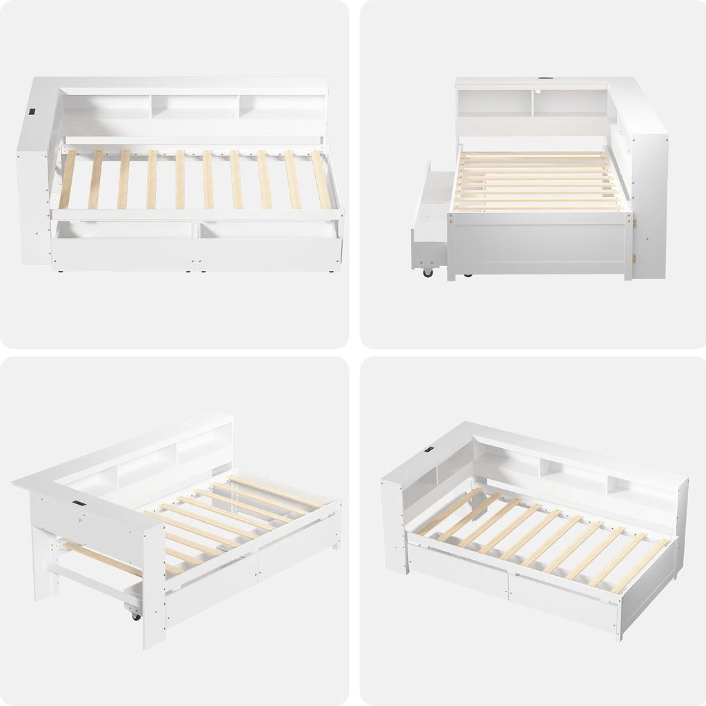 Corner Bed Frame with Bookcase Headboard and Drawers Storage, Twin Size Daybed with Charging Station & LED Lights, Solid Wood Platform Bed with Wooden Slats for Kids Teens Guests, White