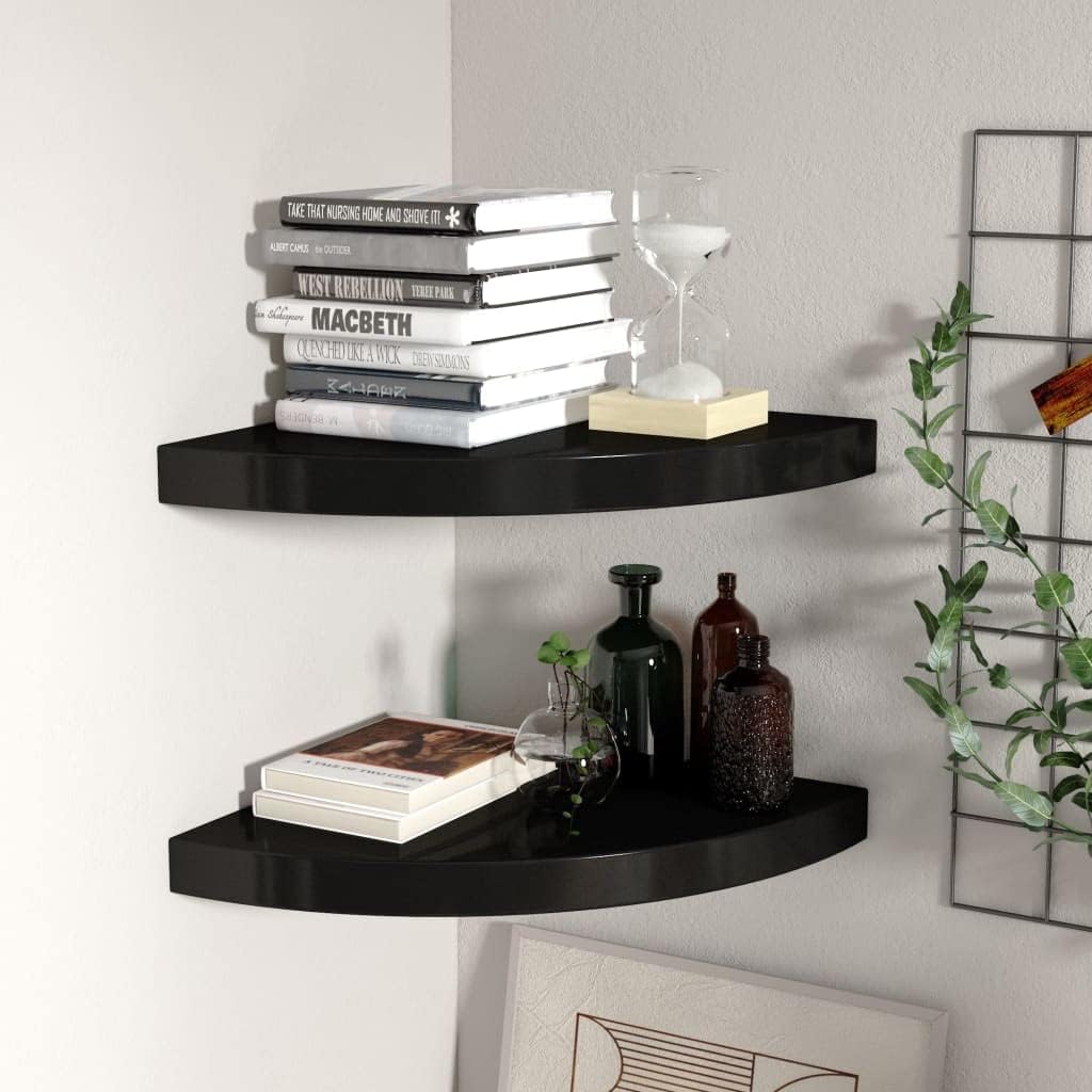 Corner Floating Shelves for Wall, Black Honeycomb MDF Wood, 14-inch Triangular Wall Shelves for Bedroom, Living Room, Office Decor