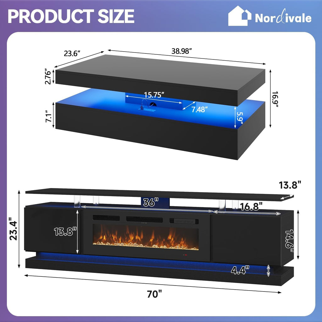 2-Piece Modern Living Room Table Set, Includes High Gloss 70' Fireplace TV Stand and 39' Modern High-Glossy LED Coffee Table with 2 Sliding Drawers, Black