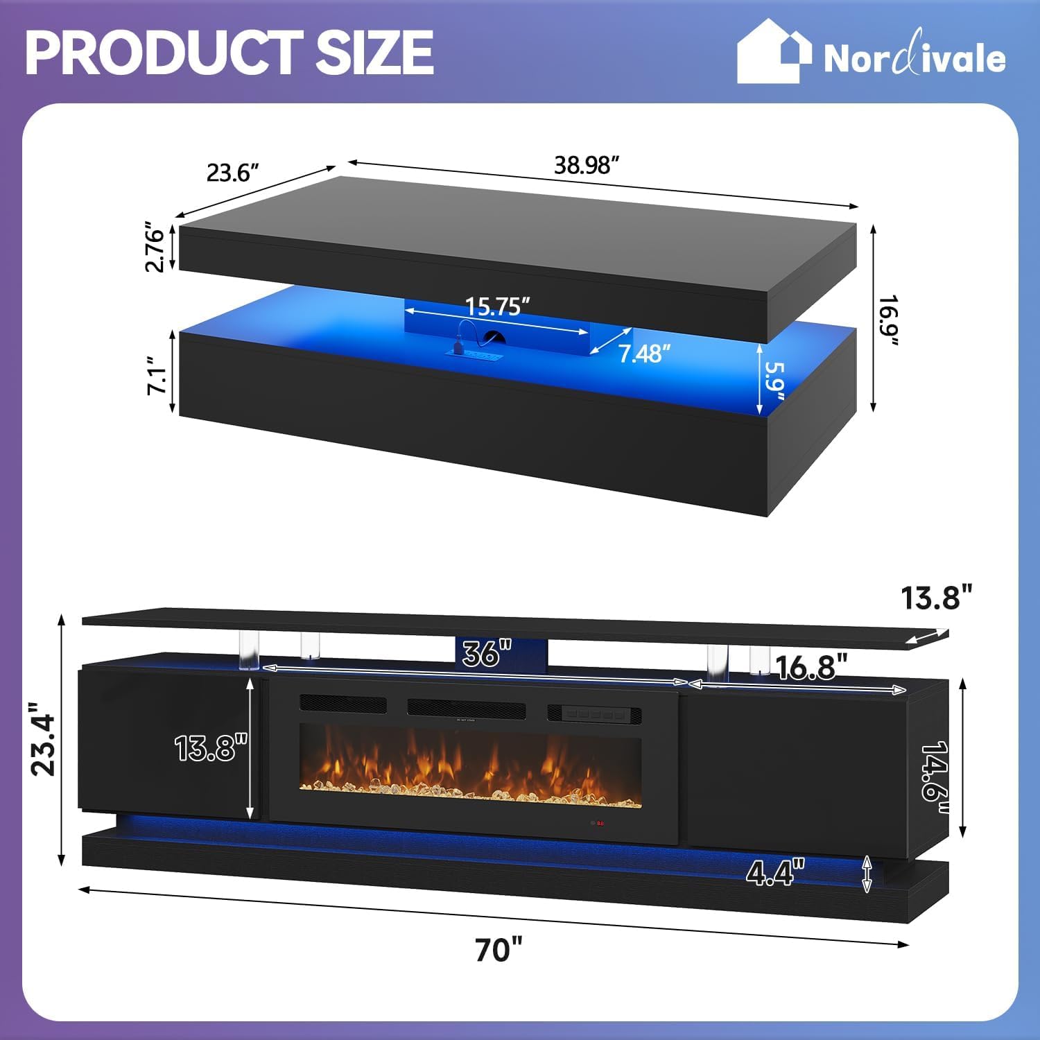 2-Piece Modern Living Room Table Set, Includes High Gloss 70' Fireplace TV Stand and 39' Modern High-Glossy LED Coffee Table with 2 Sliding Drawers, Black