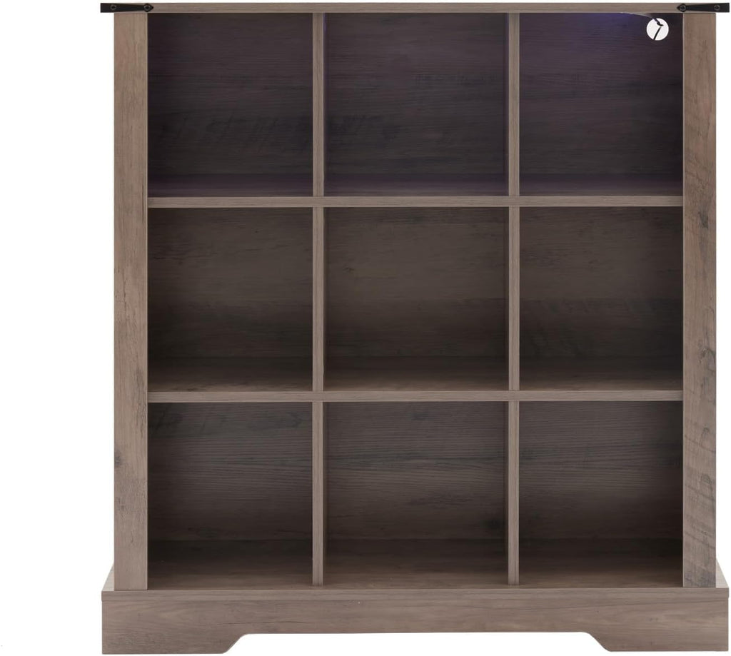 9 Cube Bookcase, Wooden Cube Storage Organizer Shelf, Grey Horizontal Book Shelf with LED Lights, Freestanding Display Cabinet for Living Room, Bedroom, Home Office