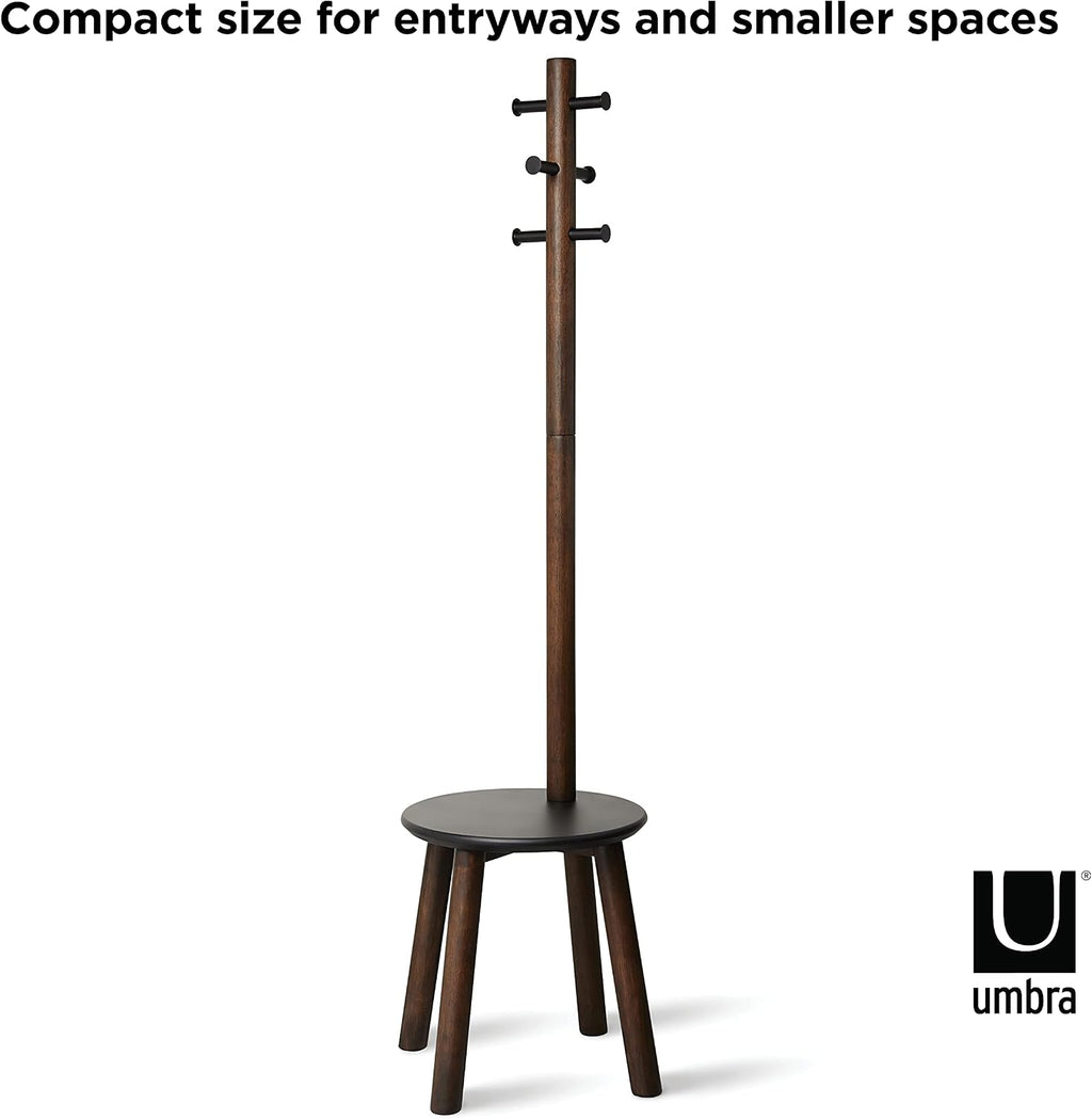 Umbra Pillar Coat Rack, Stool, Clothing Organizer, Umbrella Holder and Hat Organizer, Great for Entryway, Black/Walnut