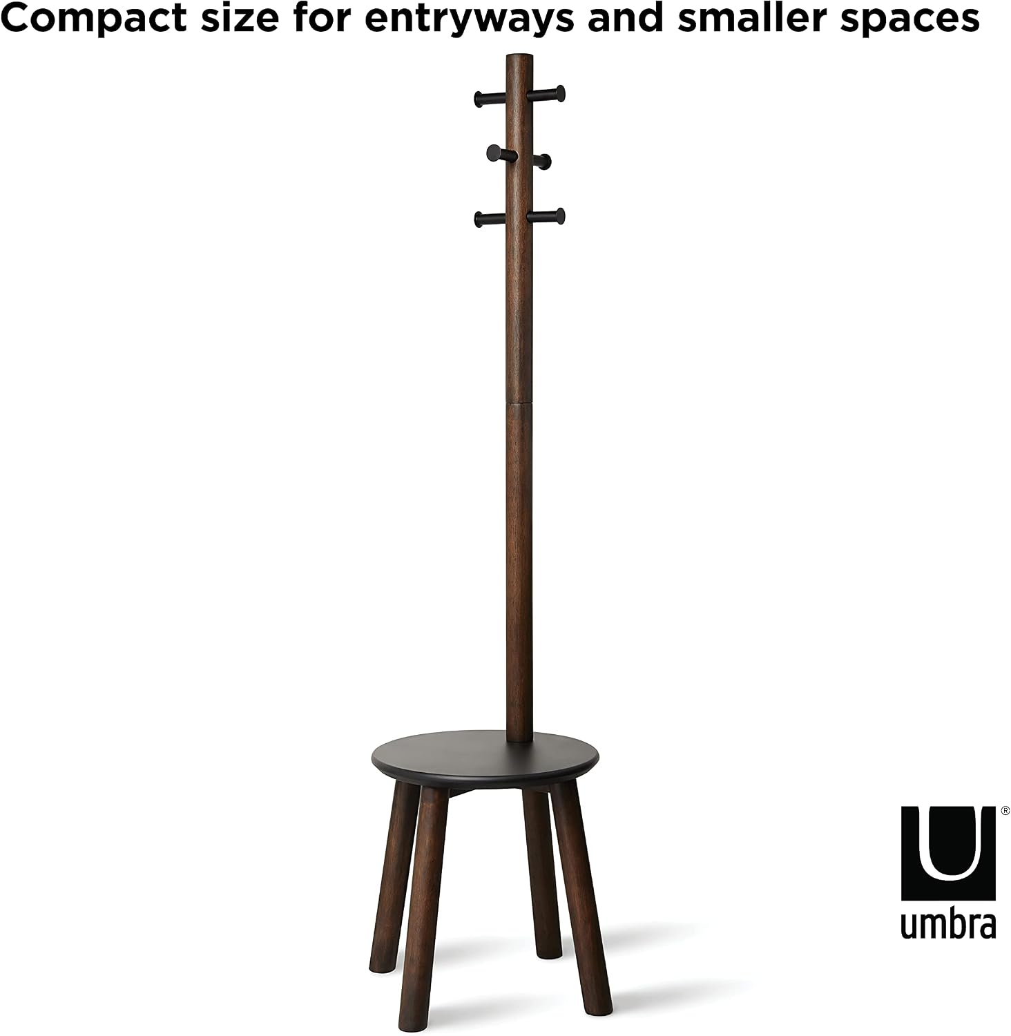 Umbra Pillar Coat Rack, Stool, Clothing Organizer, Umbrella Holder and Hat Organizer, Great for Entryway, Black/Walnut