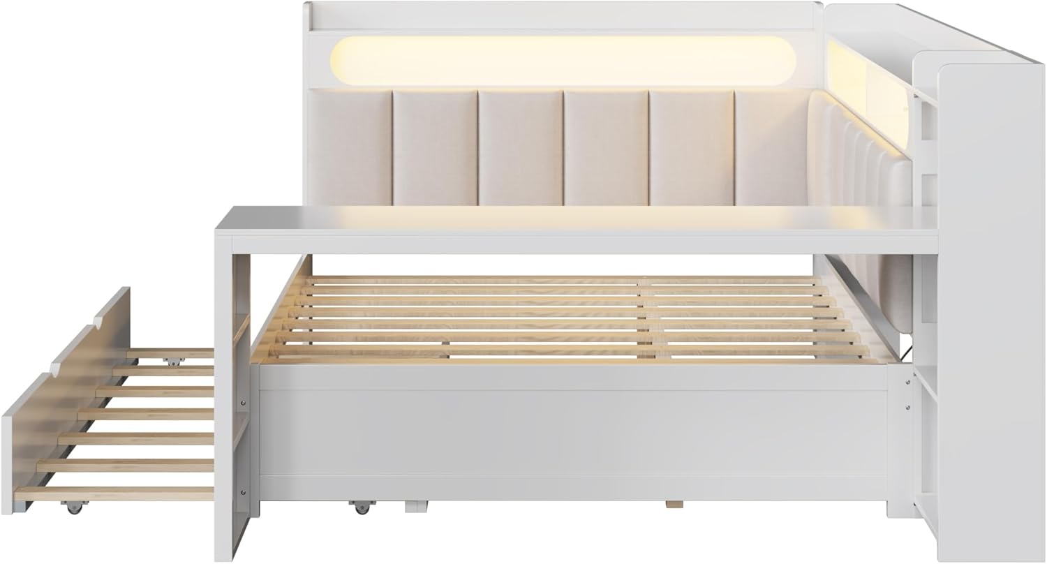 SOFTSEA Full Size Corner Bed with Desk and Trundle, Wood L-Shaped Day Bed with LED Lights, USB Ports & Upholstered Headboard, Full Corner Daybed for Kids Teens Adults, White