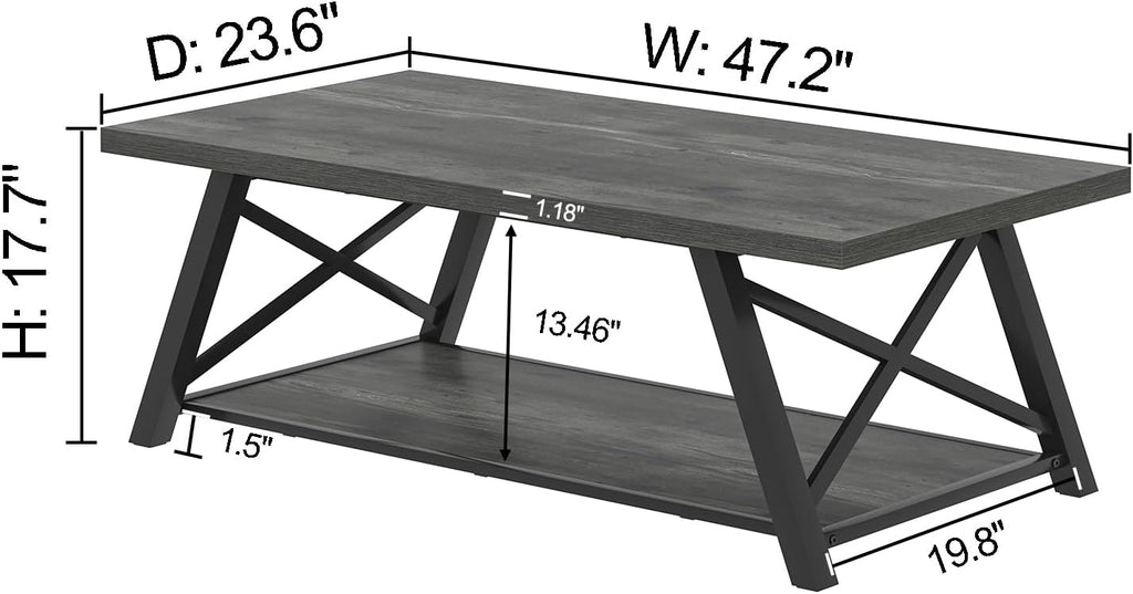 EXCEFUR Coffee Table, Industrial Wood and Metal Center Table for Living Room, Rectangle Cocktail Tea Table with Storage Shelf, Rustic Grey, 47 Inch