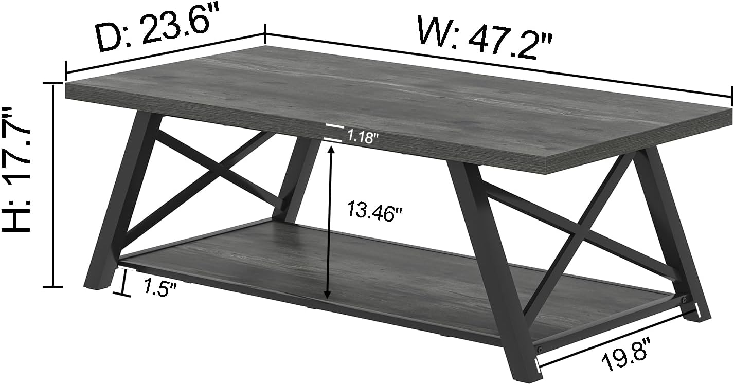 EXCEFUR Coffee Table, Industrial Wood and Metal Center Table for Living Room, Rectangle Cocktail Tea Table with Storage Shelf, Rustic Grey, 47 Inch