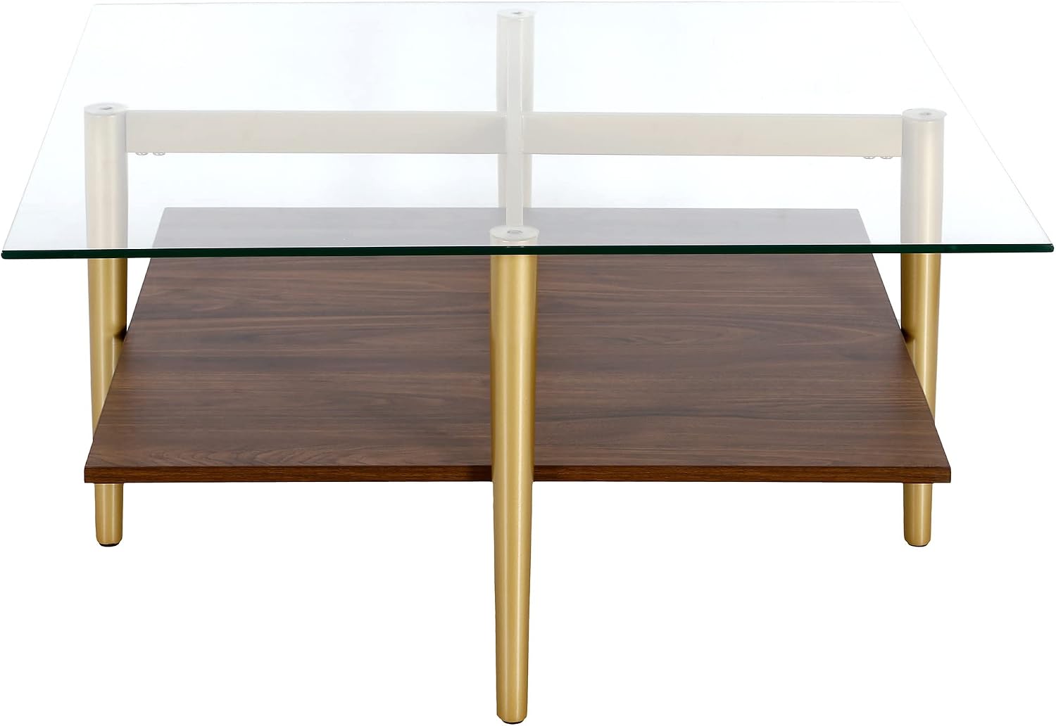 Otto 32' Wide Square Coffee Table with Faux Walnut Shelf in Brass