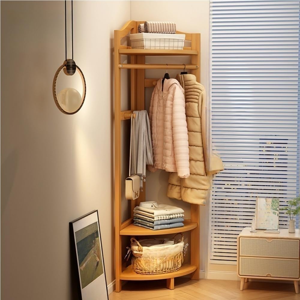 Simple Storage Rack, Floor-standing Coat Rack with Shelves, Corner Coat Rack with Hooks, Multifunctional Clothes Hanger for Living Room, Entrance, Bedroom(Beige)