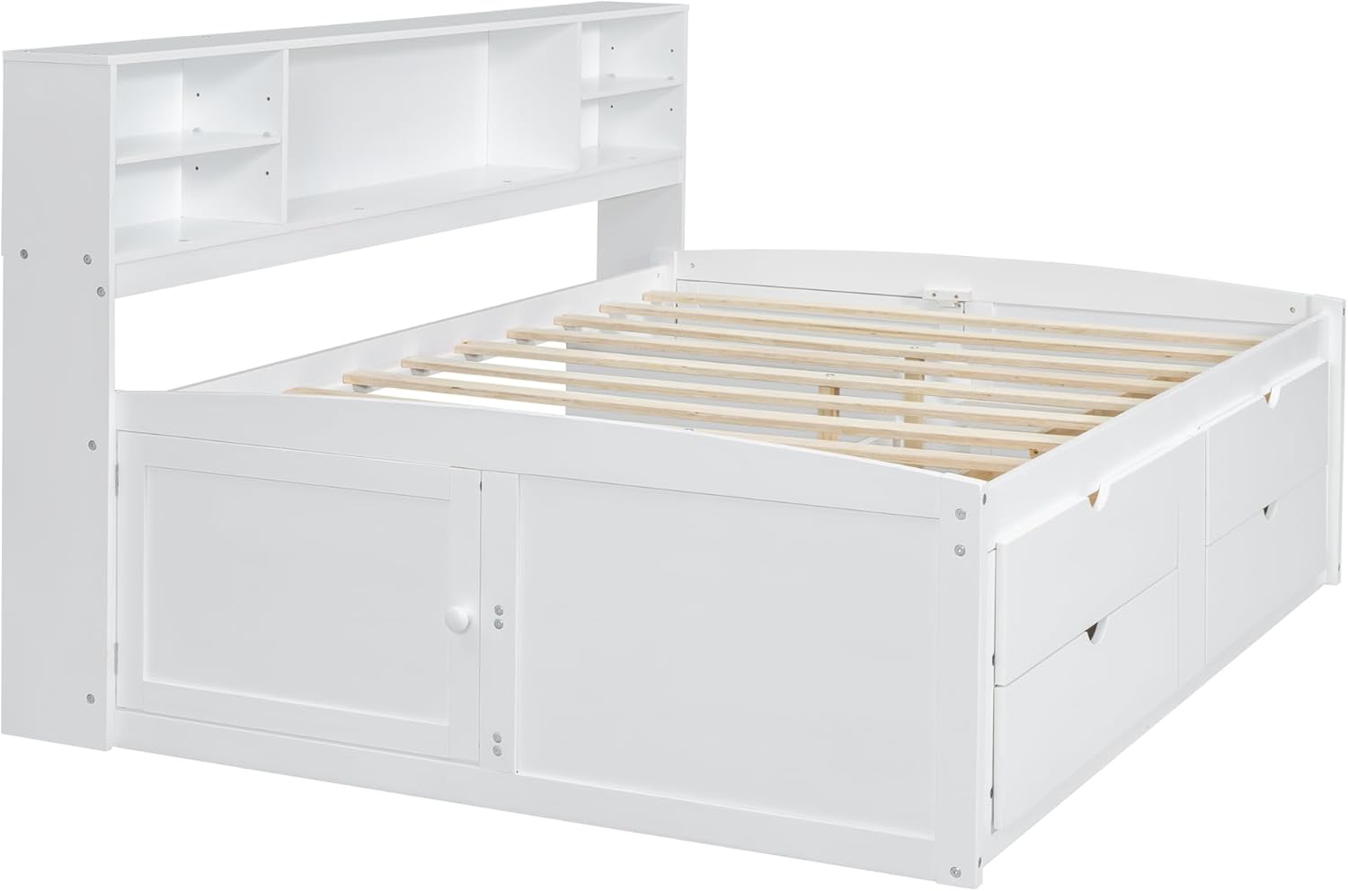 SOFTSEA Full Size Daybed with Storage Drawers, Wood Corner Bed Full with Bookcase Headboard, Wooden Captains Bed with Storage Cabinets for Kids Teens Adults, White