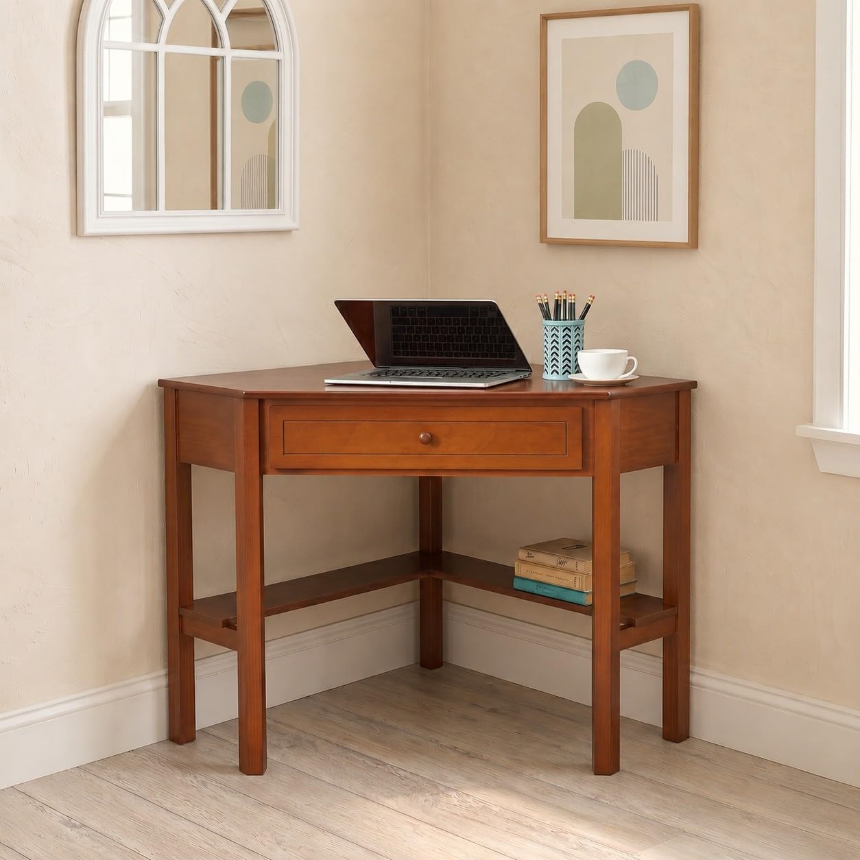 Ellen Wood Small Corner Desk with Wooden Knob Storage Drawer and Shelf – Compact Computer Table for Home Office, Bedroom, or Study, Cherry