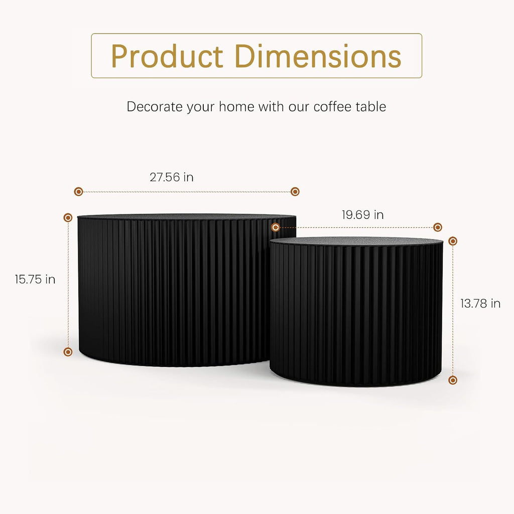 Round Coffee Table Set of 2 Modern Nesting Coffee Tables Wooden Drum Coffee Tables with Non-Slip Feet, Circle Nesting Tables End Table for Living Room Office, No Assembly (Black 27.56'+19.69')