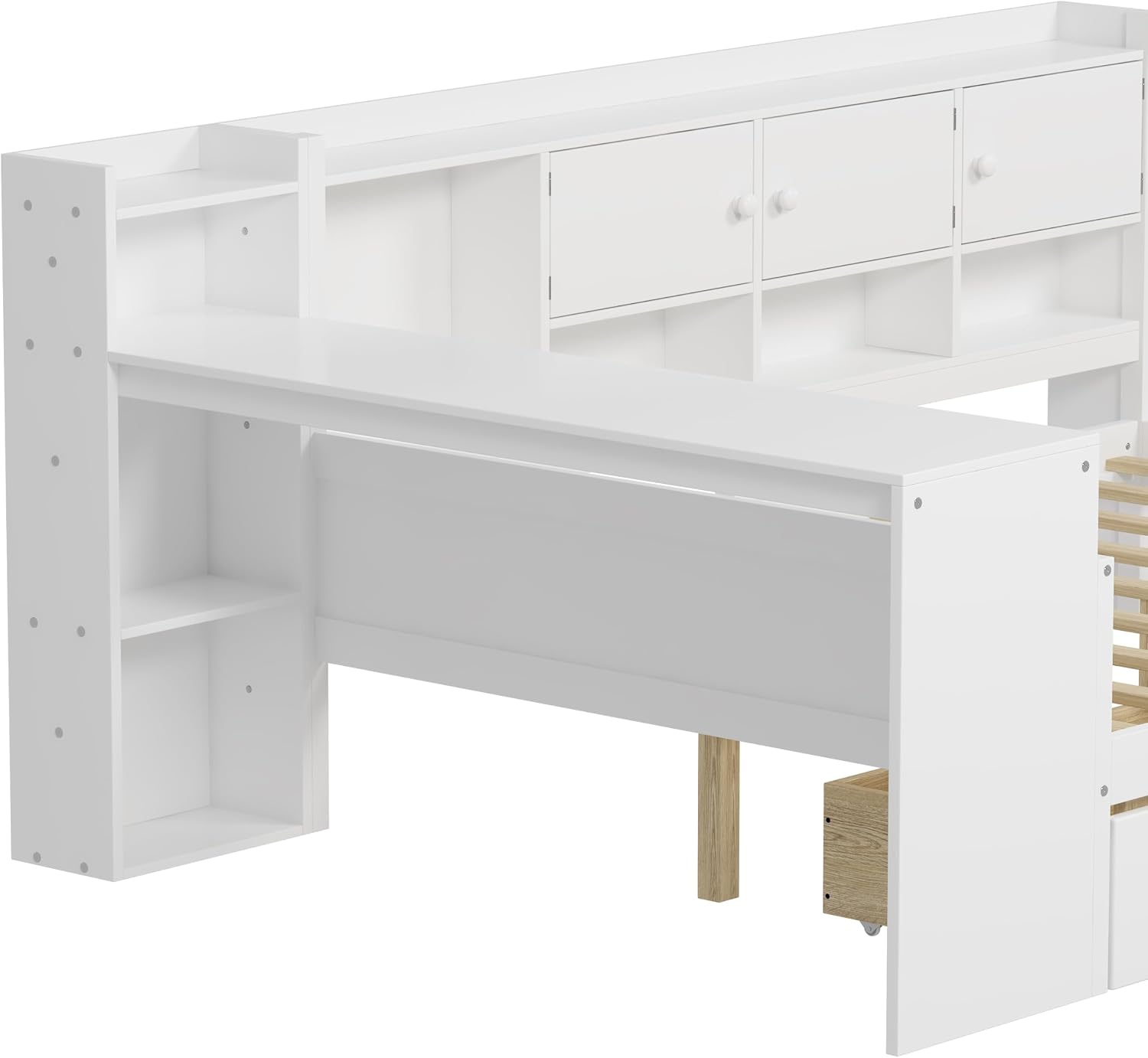 RuiSiSi Twin Size Daybed with Drawers and Shelves, Wood Corner Bed with Bookcase and Desk, L-Shape Daybed Frame with Desk for Kids Teens Adults, White