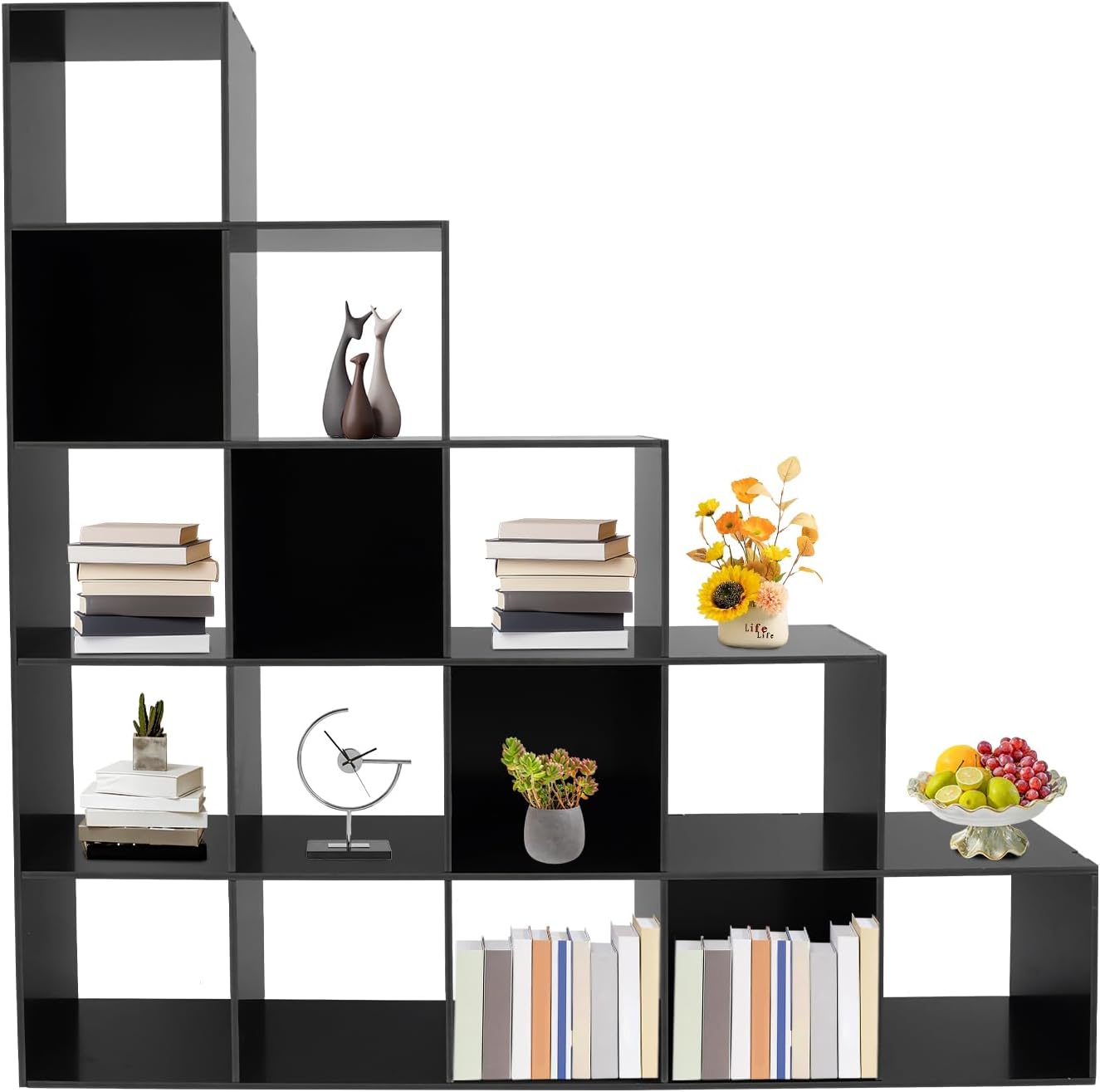 Ladder Cube Storage Bookcase 15-Cube Organizer for Home & Office L-Shaped Corner Shelf Freestanding L-Shaped Stepped Bookcase for Living Room Bedroom (Black, 15-Cube)