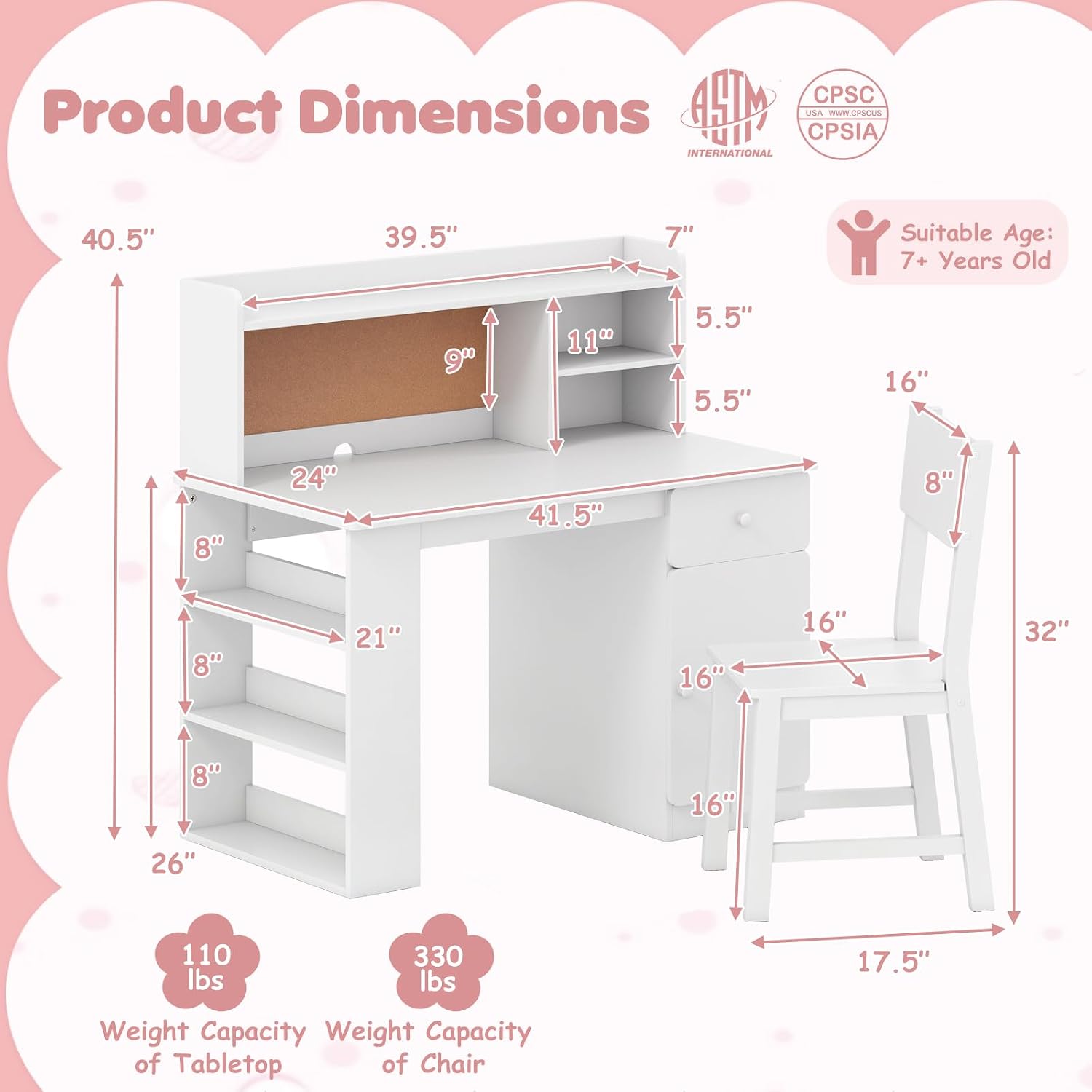 HONEY JOY Kids Desk and Chair Set, Large Wooden Children School Study Table and Chair w/Drawer, Hutch, Storage Shelves, Student Writing Desk Computer Workstation for Bedroom, 7+ Years Old (White)