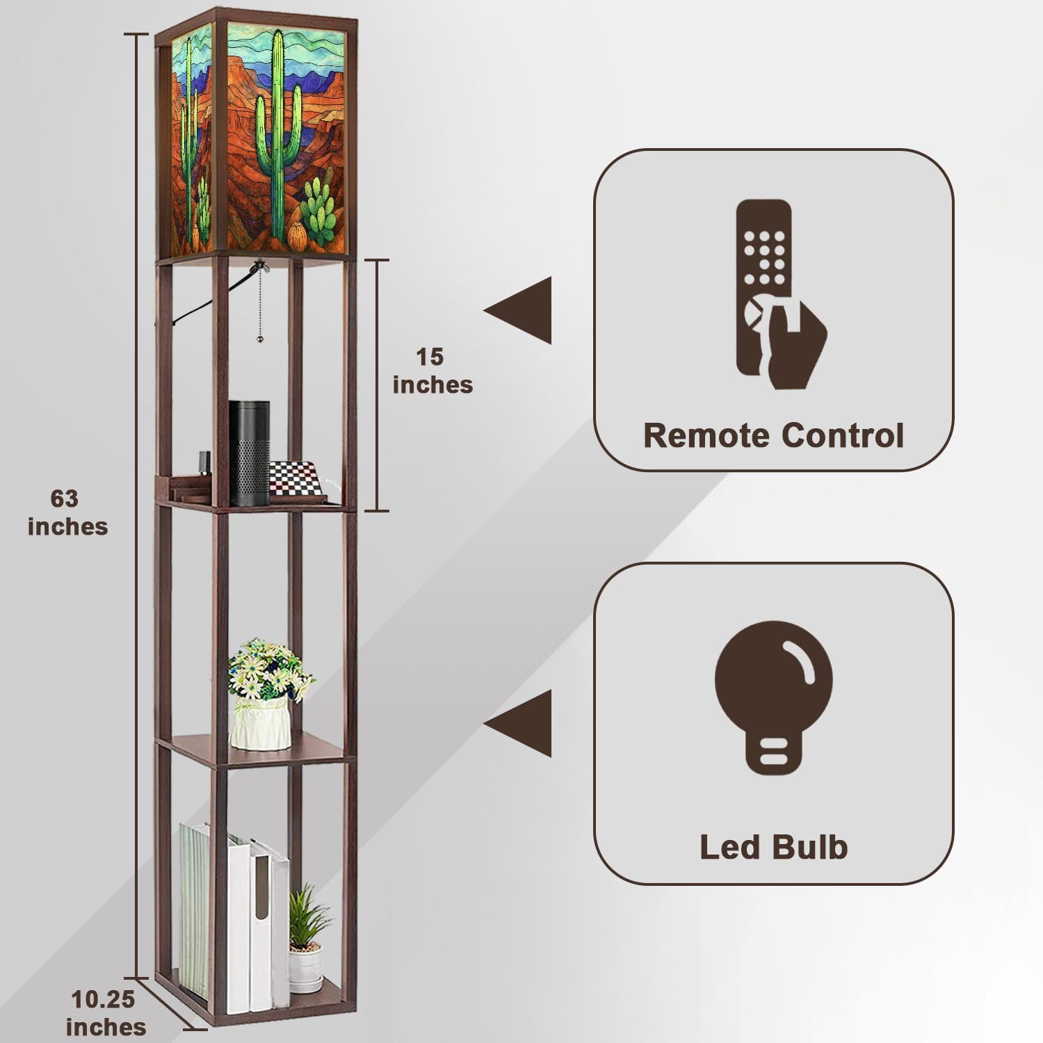 Floor Lamp with Shelves Stained Glass Decor Saguaro Cactus Desert Standing Tall Lamp USB Ports & Power Outlet Modern Corner Lamp Nightstand Light for Living Room Bedroom