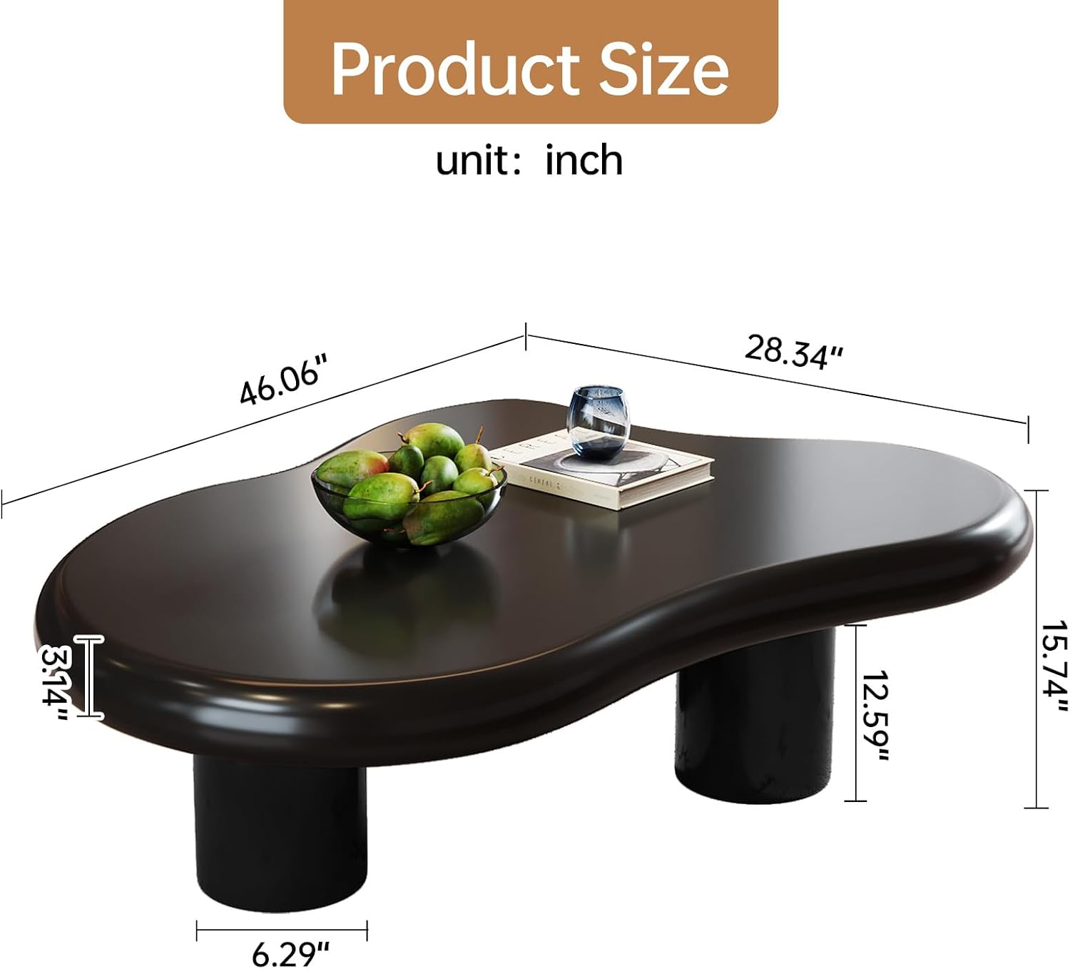 46.06' Cloud Shape Coffee Table, Modern Round Edge Black Coffee Table with 3 Sturdy Support Legs and 3.14' Thick Tabletop for Living Room, Bedroom
