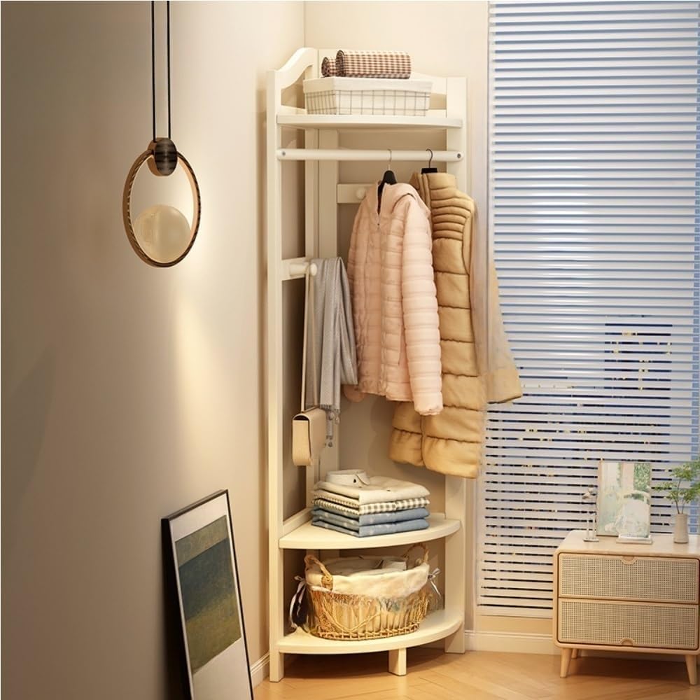 Simple Storage Rack, Floor-standing Coat Rack with Shelves, Corner Coat Rack with Hooks, Multifunctional Clothes Hanger for Living Room, Entrance, Bedroom(White)