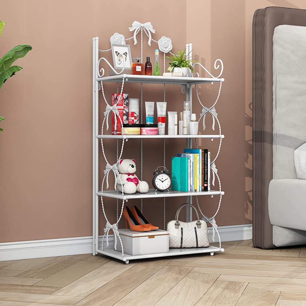 BOOMALTU Cute 4-Tier Folding Metal Shelving Bathroom Shelf,White Shelves White Bookshelf with Bow Decor and Flowers for Storage and Display in Living Room, Bathroom,Kitchen