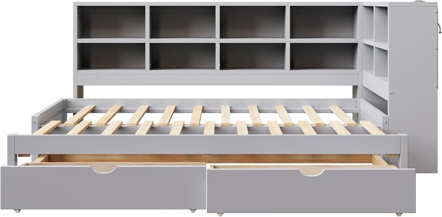 Wood Daybed Twin XL to King Size with 2 Storage Drawers and L-shaped Storage Cabinets, L-Shaped Corner Platform Bed Frame with LED Light and USB Ports for Office Living Room Bedroom (Gray-2.14)