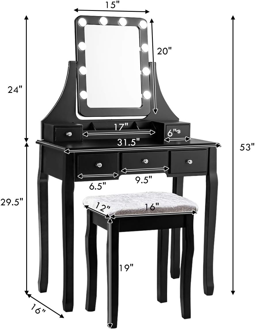 CHARMAID LED Vanity Desk with Lighted Mirror, 10 Dimming Bulbs, 5 Drawers, 3 Storage Organizers, Makeup Vanity Desk with Stool, Bedroom Dressing Table, Gift for Girls Women (Black)