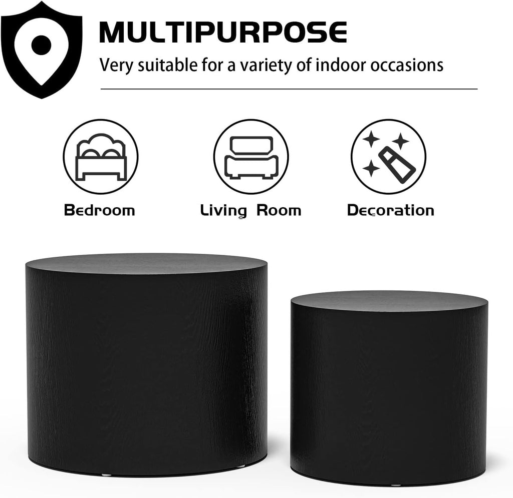 Round Coffee Table Set of 2, Nesting Coffee Table and End Table Set Wood Small Circle Drum Side Table for Living Room Office, No Assembly
