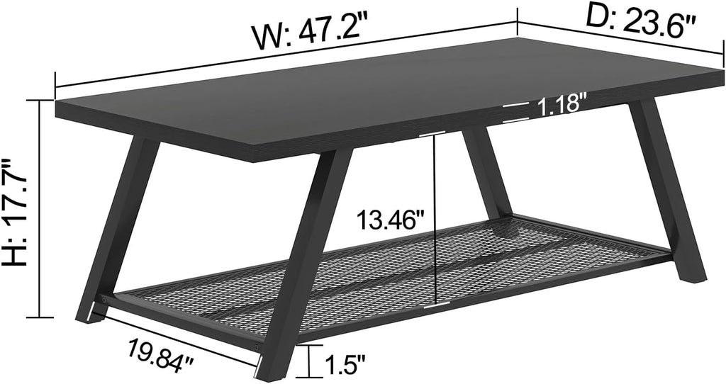 FOLUBAN Black Coffee Table with Storage, Modern Rustic Wood and Metal Coffee Tables for Living Room, 2-Tier Industrial Rectangle Cocktail Tea Table, 47 Inch