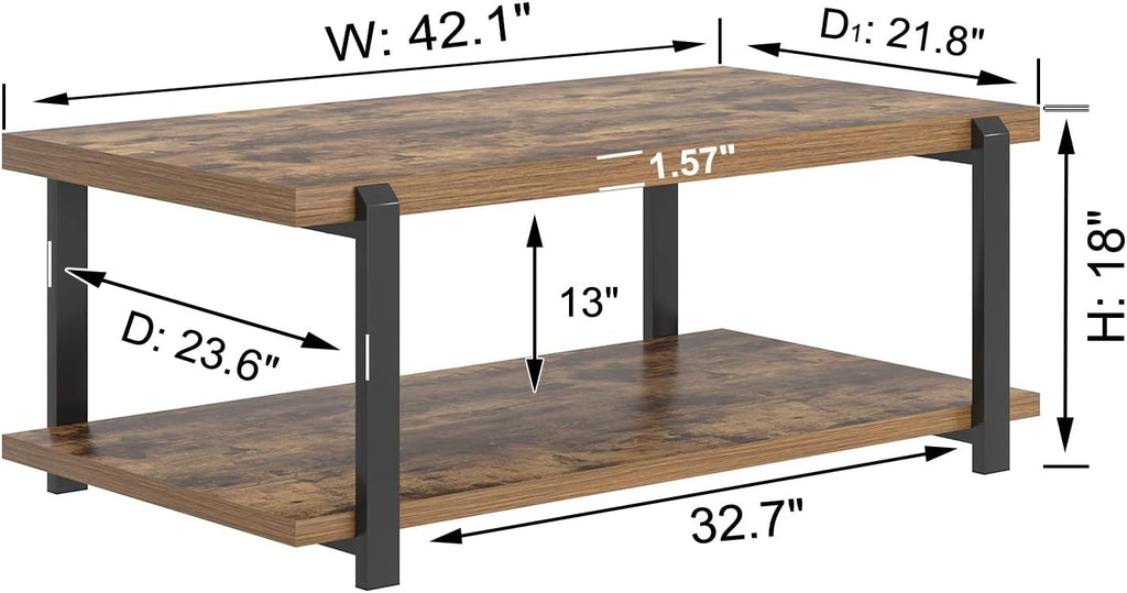 FOLUBAN Modern Coffee Table, Rustic Wood Center Table with Storage for Living Room, Industrial Rectangle 2 Tier Low Cocktail Tea Table, Rustic Brown