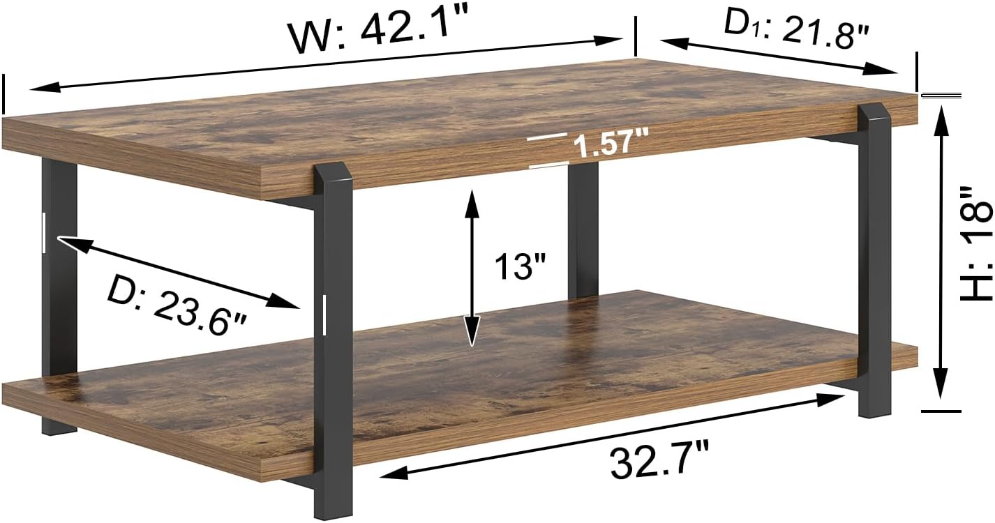 FOLUBAN Modern Coffee Table, Rustic Wood Center Table with Storage for Living Room, Industrial Rectangle 2 Tier Low Cocktail Tea Table, Rustic Brown