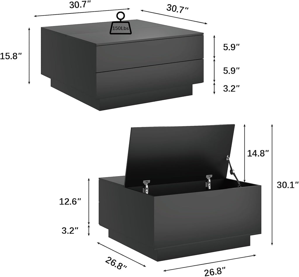 HedoAjim Square Coffee Tables with Storages, Modern Black Coffee Table for Living Room, Flip Cover Coffee Tables and 2 Spacious Drawers, Coffee Table with LED Light