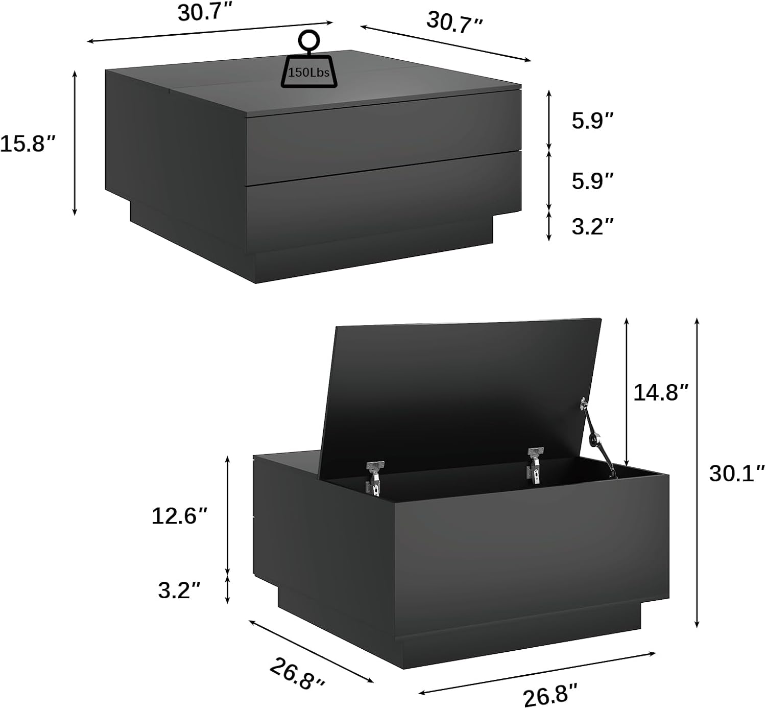 HedoAjim Square Coffee Tables with Storages, Modern Black Coffee Table for Living Room, Flip Cover Coffee Tables and 2 Spacious Drawers, Coffee Table with LED Light