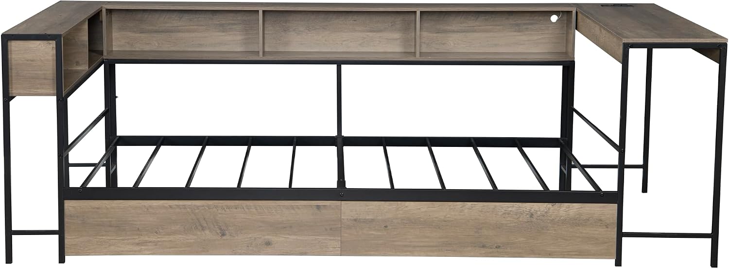 Twin Size Corner Daybed Frame with 5 Storage Shelves, Desk, 2 Drawers, Charging Station and LED Light, Metal Vintage Sofa Bed Frame for Livng Room, Bedroom, No Box Spring Needed, Grey