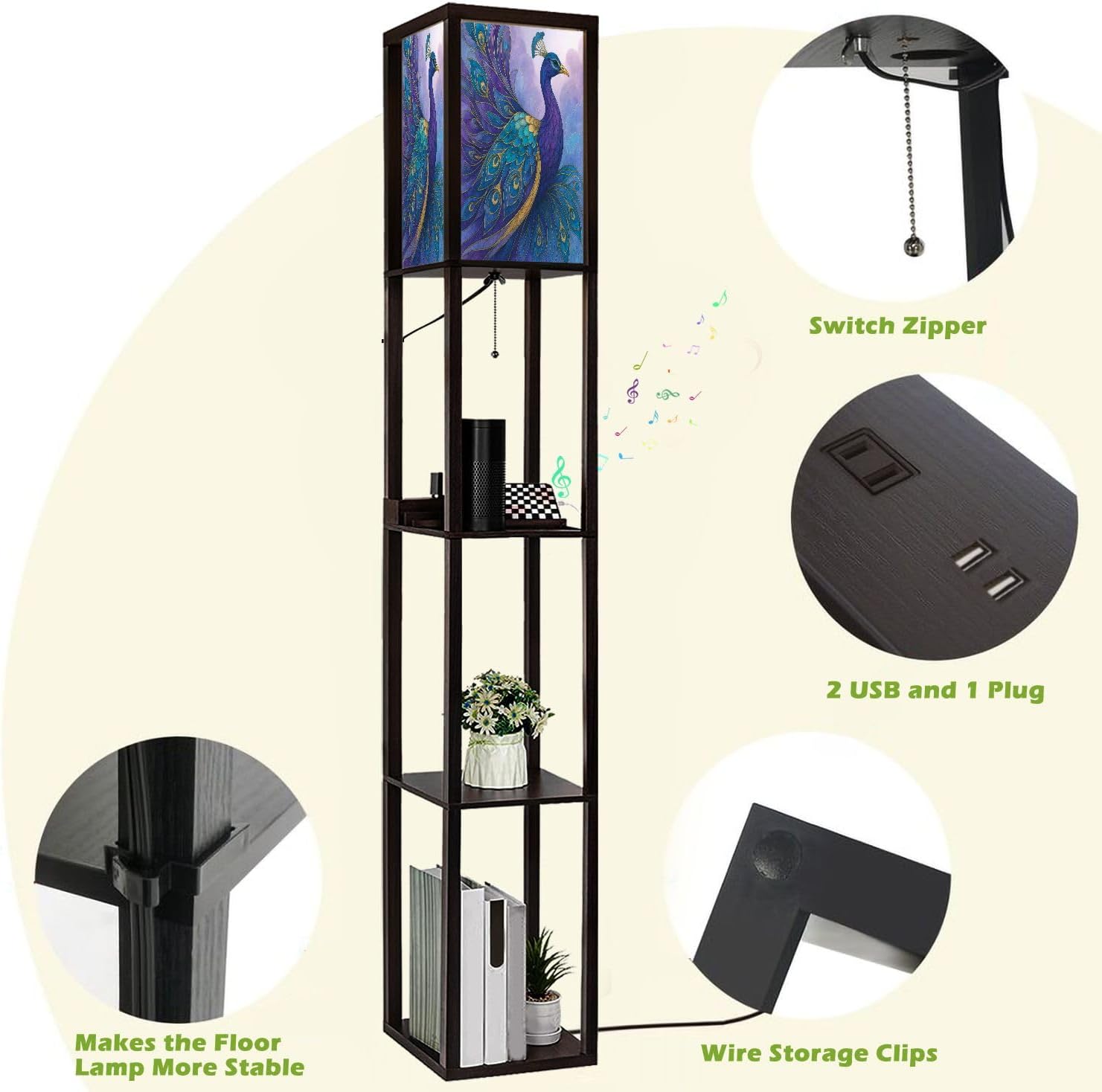 Floor Lamp with Shelves Modern Stained Glass Peacock Art Teal Gold Feathers Standing Tall Lamp USB Ports & Power Outlet Modern Corner Lamp Nightstand Light for Living Room Bedroom
