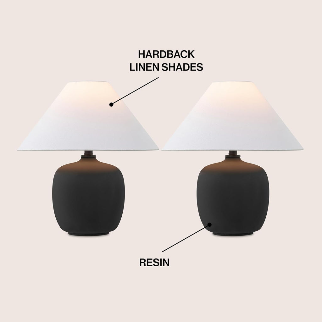 JONATHAN Y 18.25' Matte Black Minimalist Table Lamps Set of 2 for Bedroom, White Linen Shade, Modern Scandinavian Bedside Lamps for Living Room Nightstand, LED Bulbs Included JYL5600A-SET2
