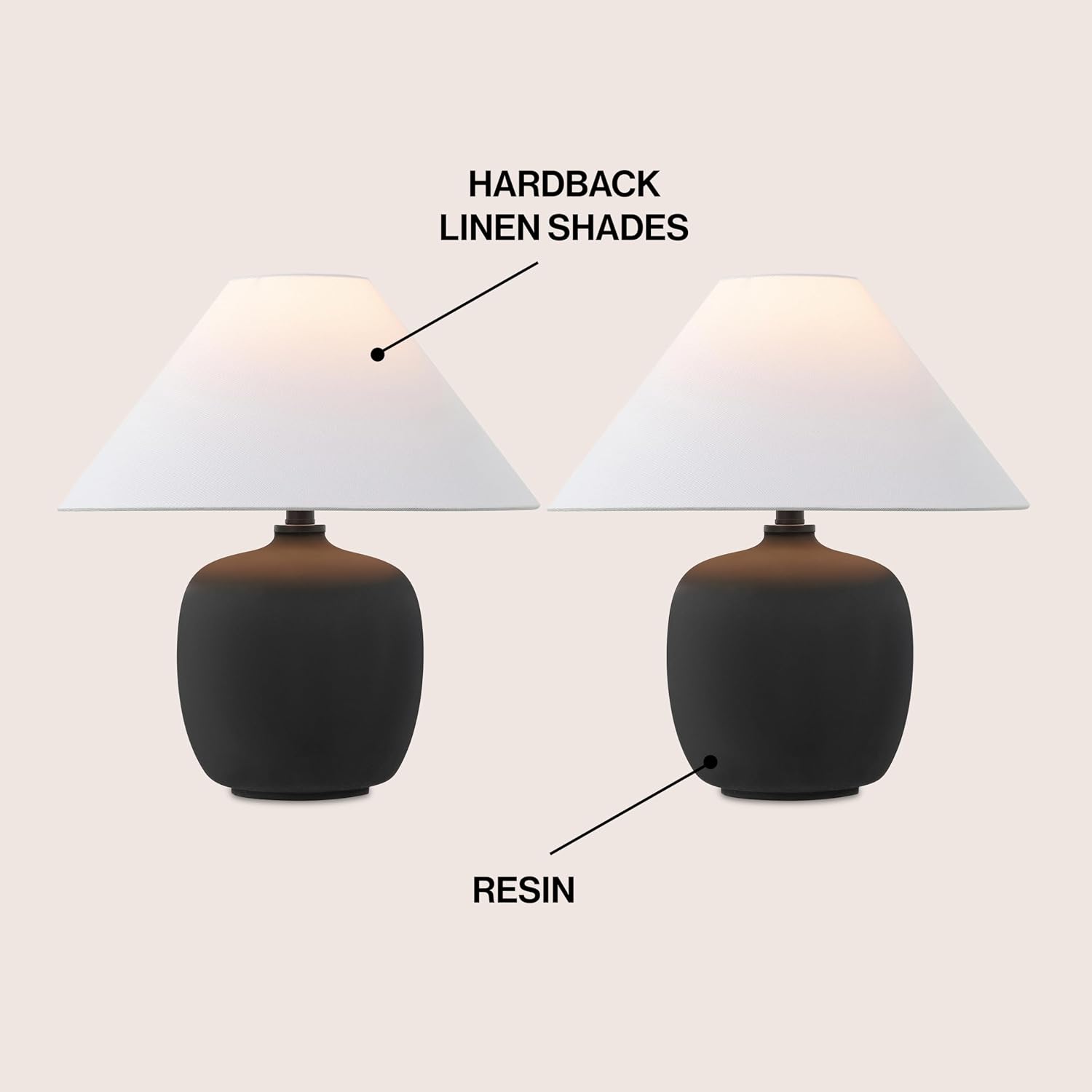 JONATHAN Y 18.25' Matte Black Minimalist Table Lamps Set of 2 for Bedroom, White Linen Shade, Modern Scandinavian Bedside Lamps for Living Room Nightstand, LED Bulbs Included JYL5600A-SET2