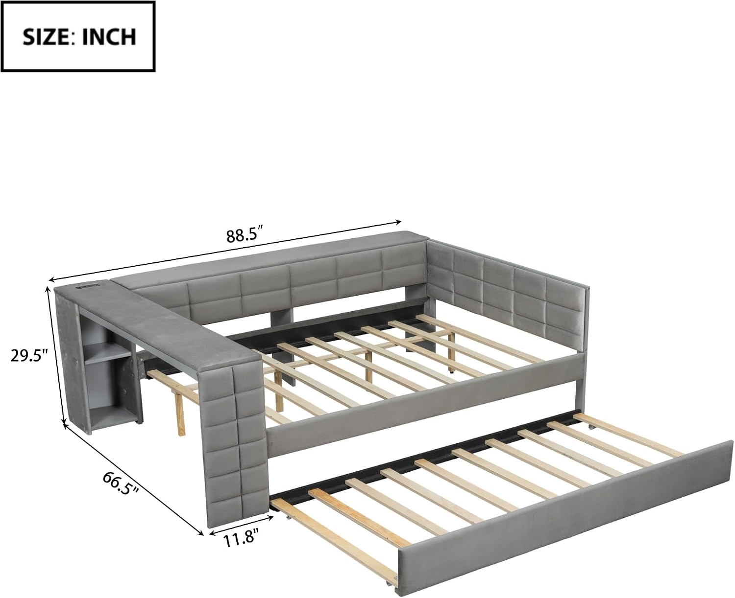 Virubi Full Size Daybed with Trundle，Corner Bed Frame with Storage Shelves, Back Cushion，Upholstered Wood Bed Frame with Charging Station for Small Space,Teen Room,Dorm and Home Office,Gray
