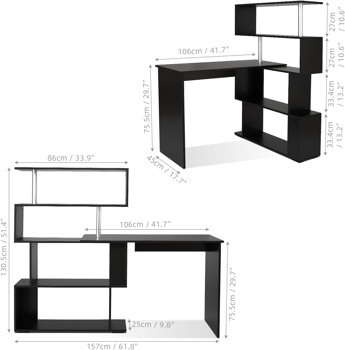 Mondeer 41.7' L Shaped Desk with 4-Tier Storage Shelves, Computer Corner Desk for Study Home Office Living Room (Black)