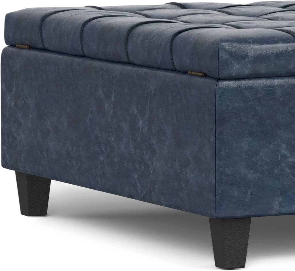 SIMPLIHOME Harrison Large Coffee Table Storage Ottoman - 40 inch Wide Upholstered Vegan Leather Square Lift-Top Ottoman in Denim Blue, Transitional Bench for Living Room with Sturdy Base