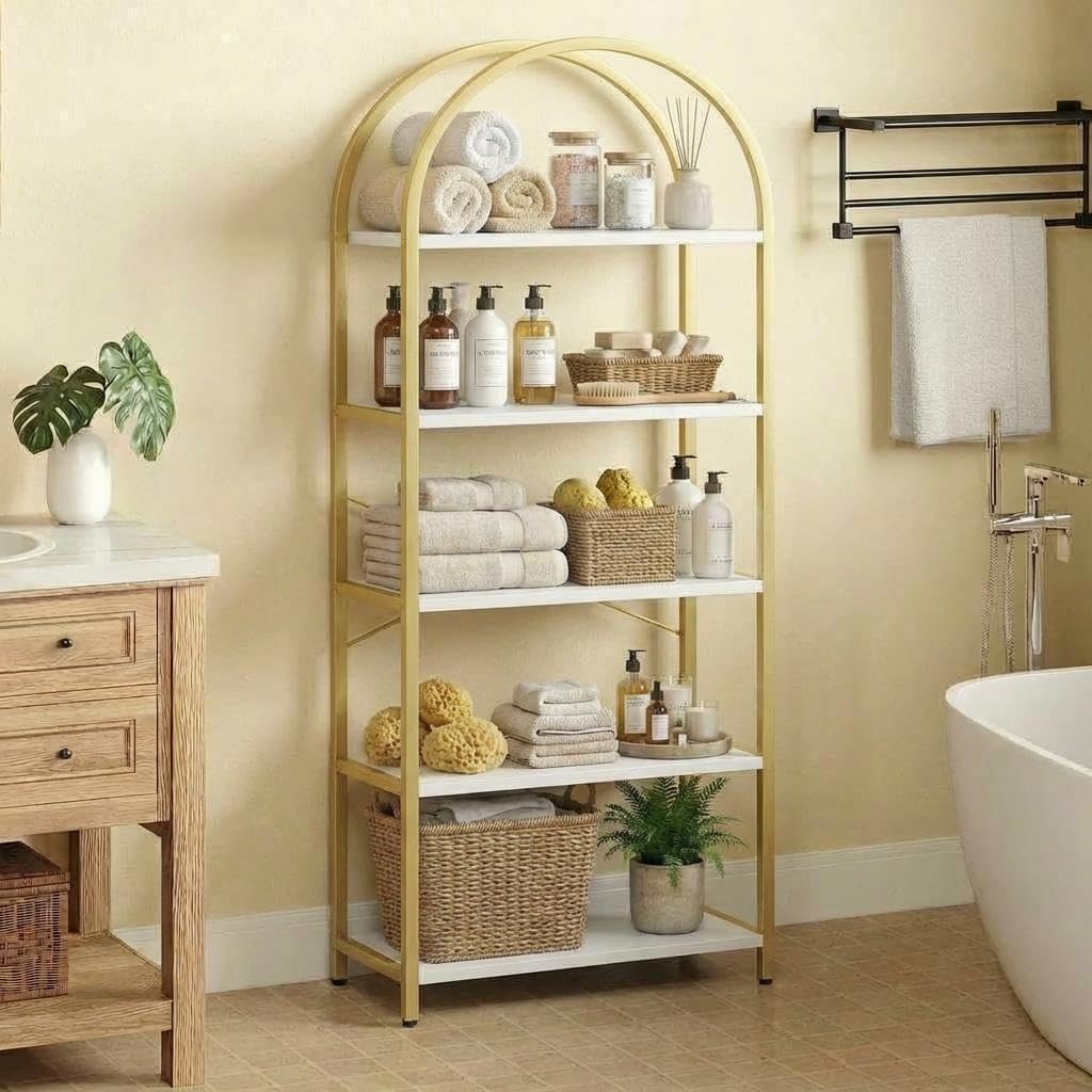 Takywep Bookshelf, Arched Bookcase with Metal Frame 5 Tiers Bookshelf Industrial Arched Cabinet Display Shelf Floorstanding Storage Shelving Unit for Bedroom Living Room Home Office, White and Gold