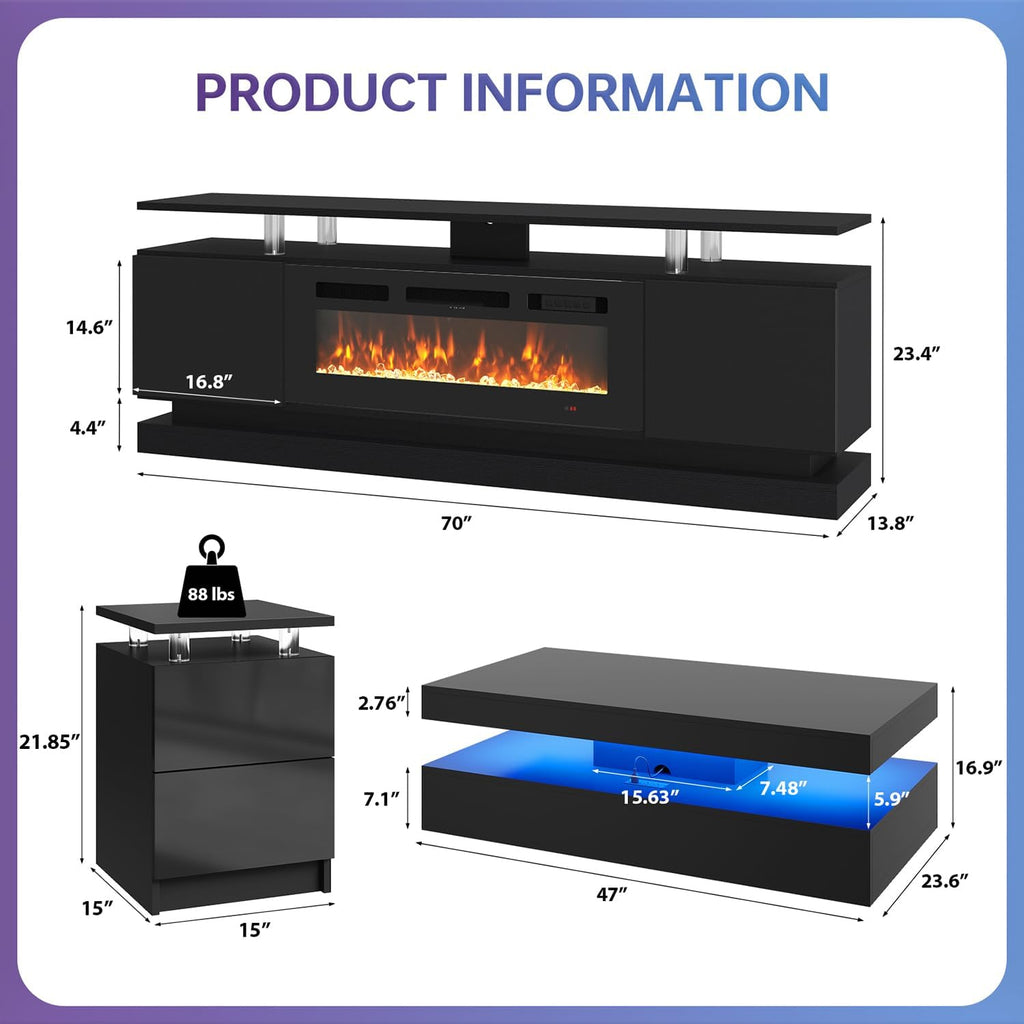 4-Piece Modern Living Room Table Set, Includes High Gloss 70' Fireplace TV Stand, 47' LED Coffee Table and 15' End Tables Set of 2 with Storage Drawers, Black